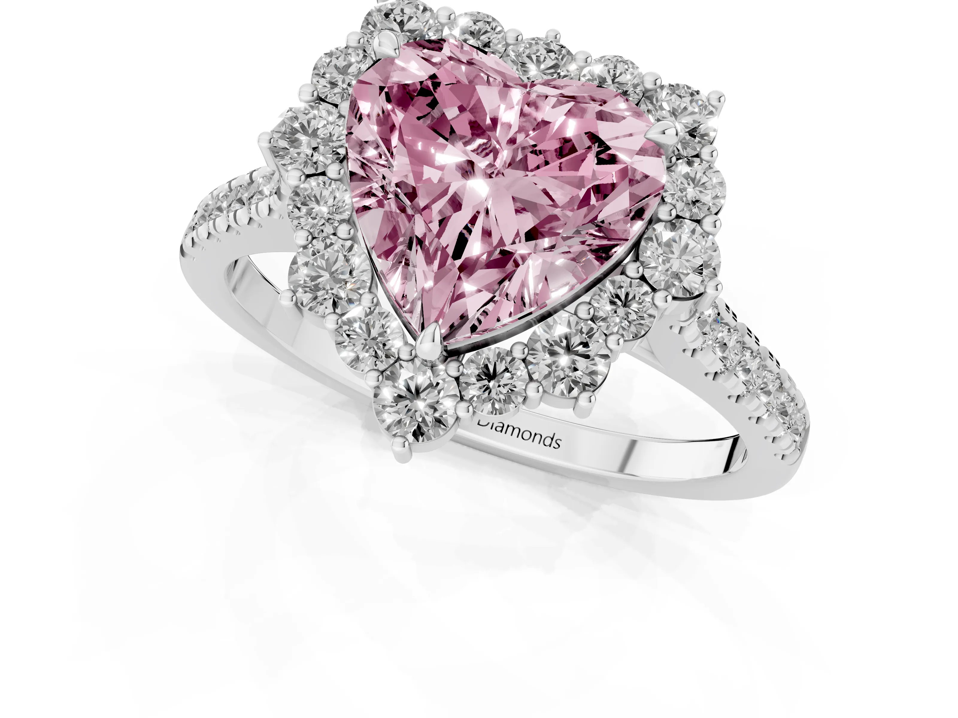 Fancy Pink Heart Cut Diamond Halo Ring Set in Silver with Pavé Band and Prong Setting
