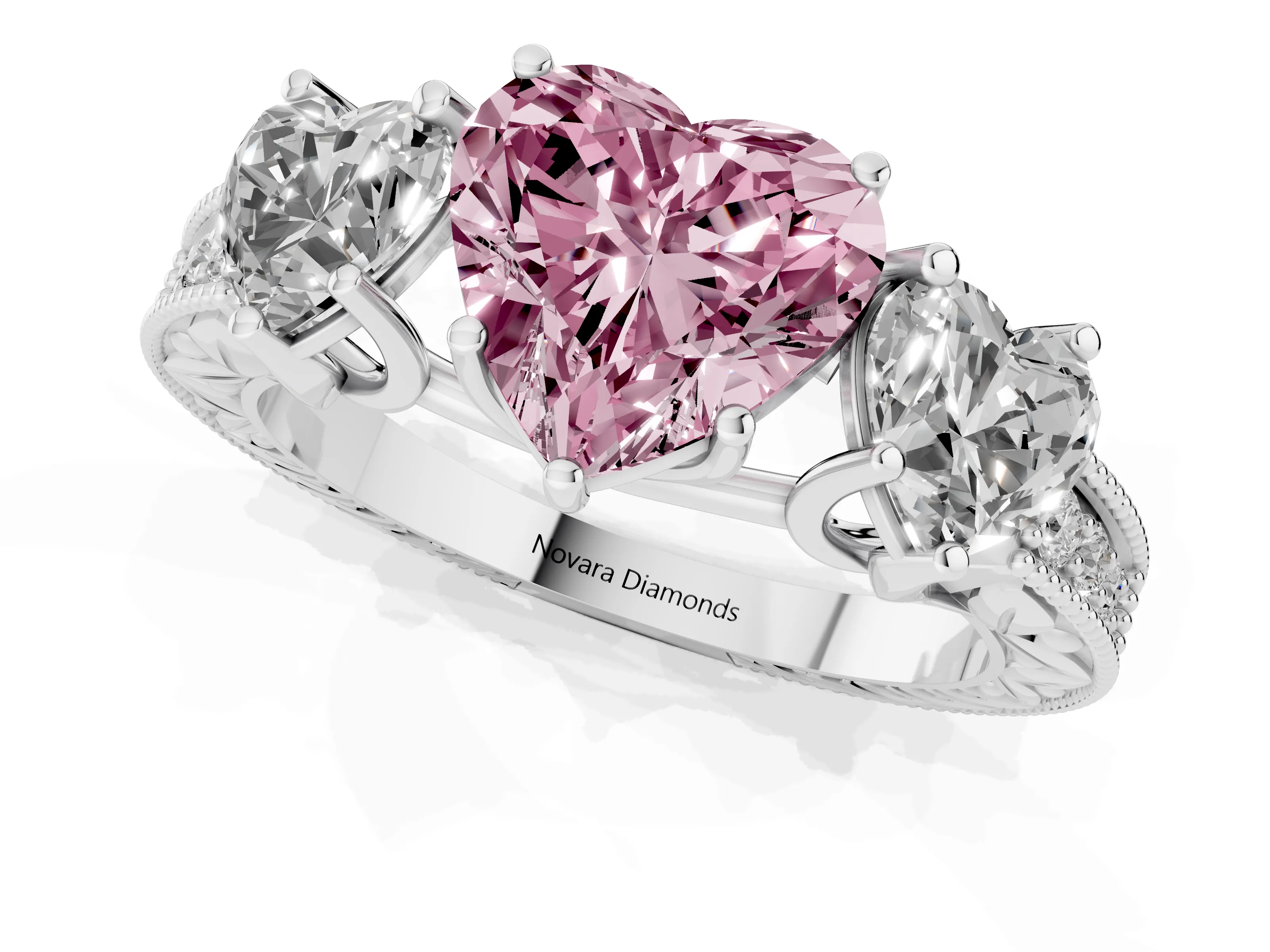Fancy Pink Heart Cut Diamond Three-Stone Engagement Ring Set in Silver with Milgrain Pavé Band