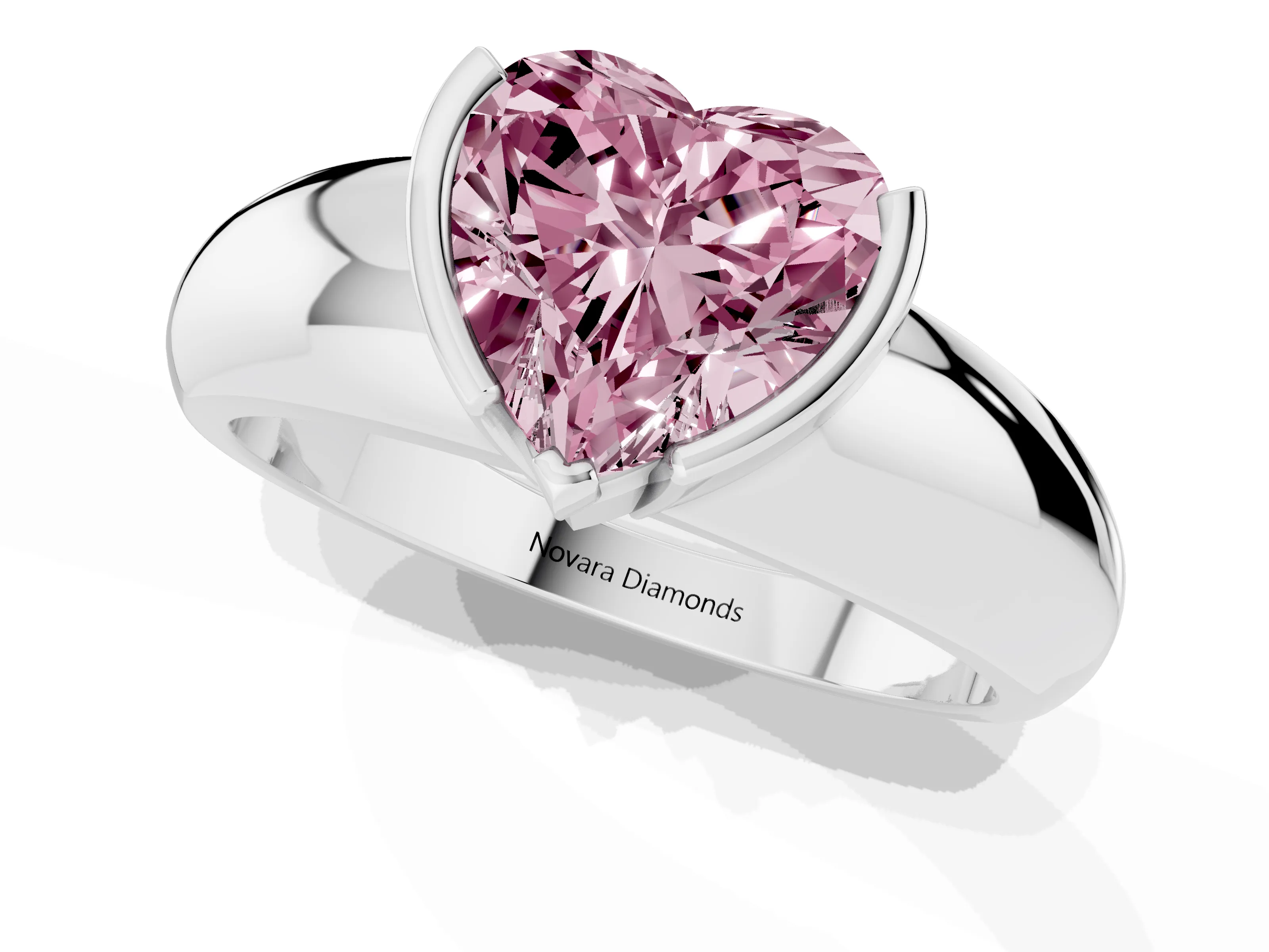 Fancy Pink Heart Cut Diamond Solitaire Tension Set Ring Set in White gold with Wide Band
