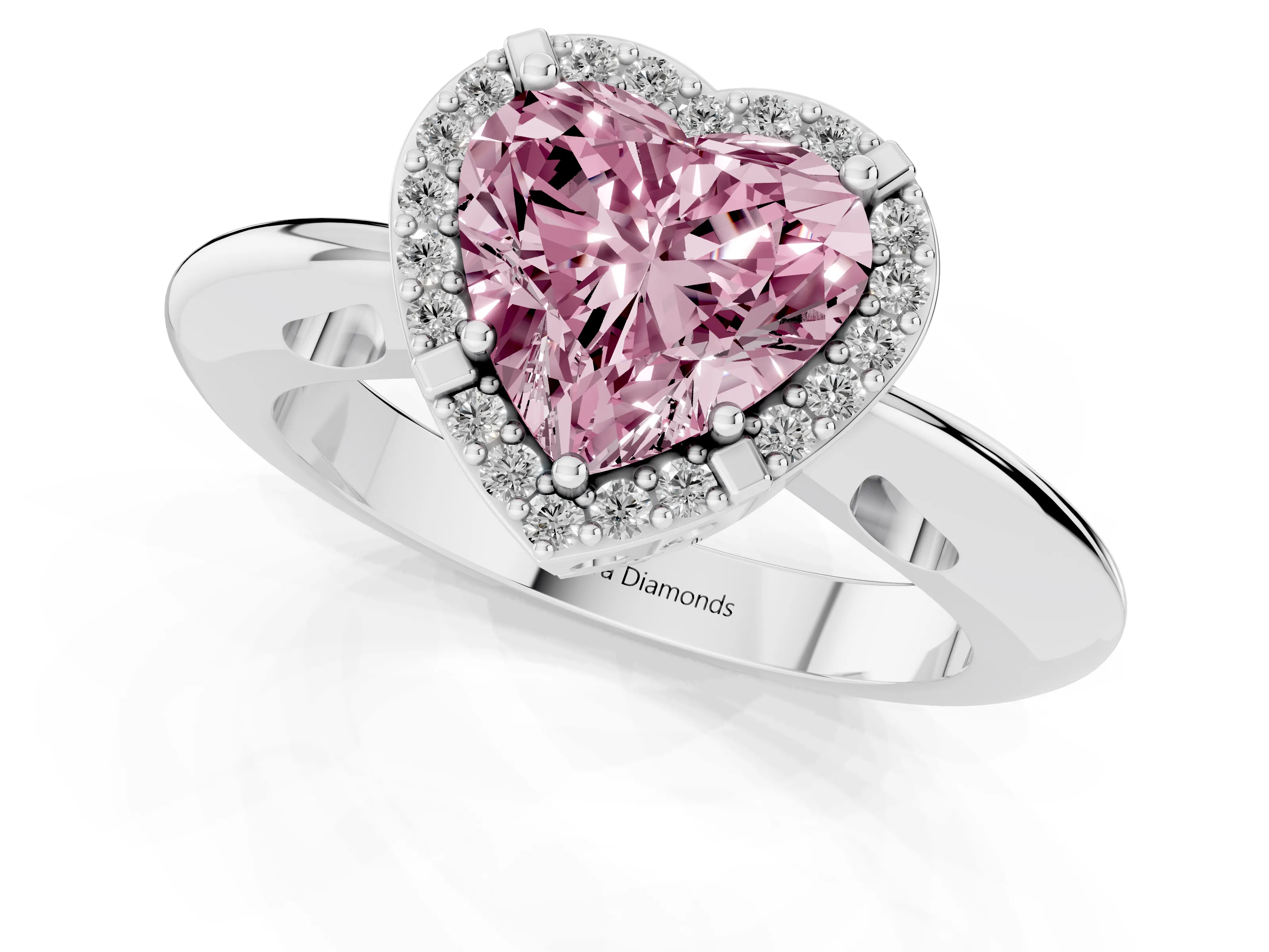 Fancy Pink Heart Cut Diamond Halo Engagement Ring Set in Silver with Plain Split Shank and Prong Setting