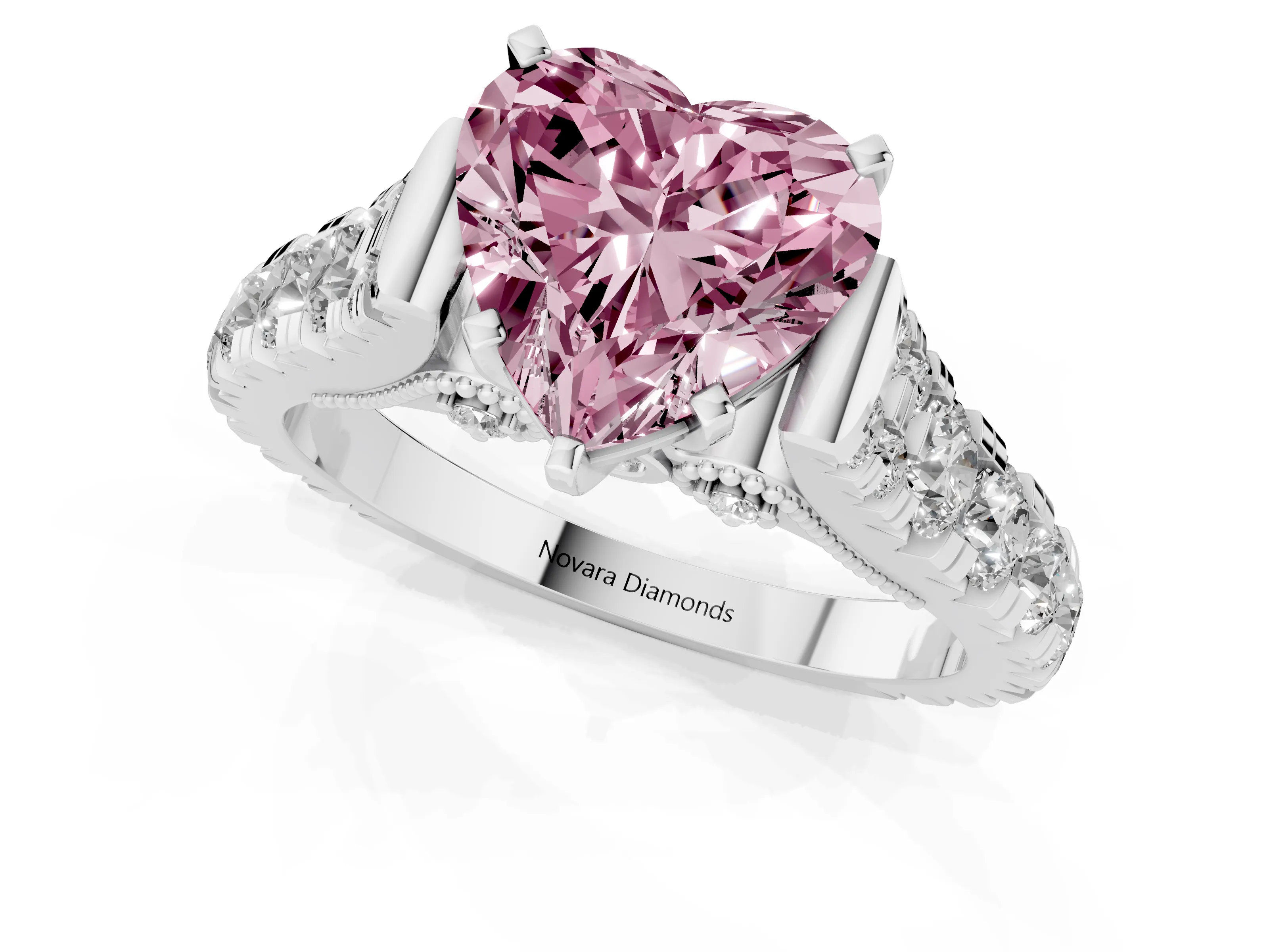 Fancy Pink Heart Cut Diamond Classic Solitaire Ring Set in Silver with Pavé Band and Prong Setting