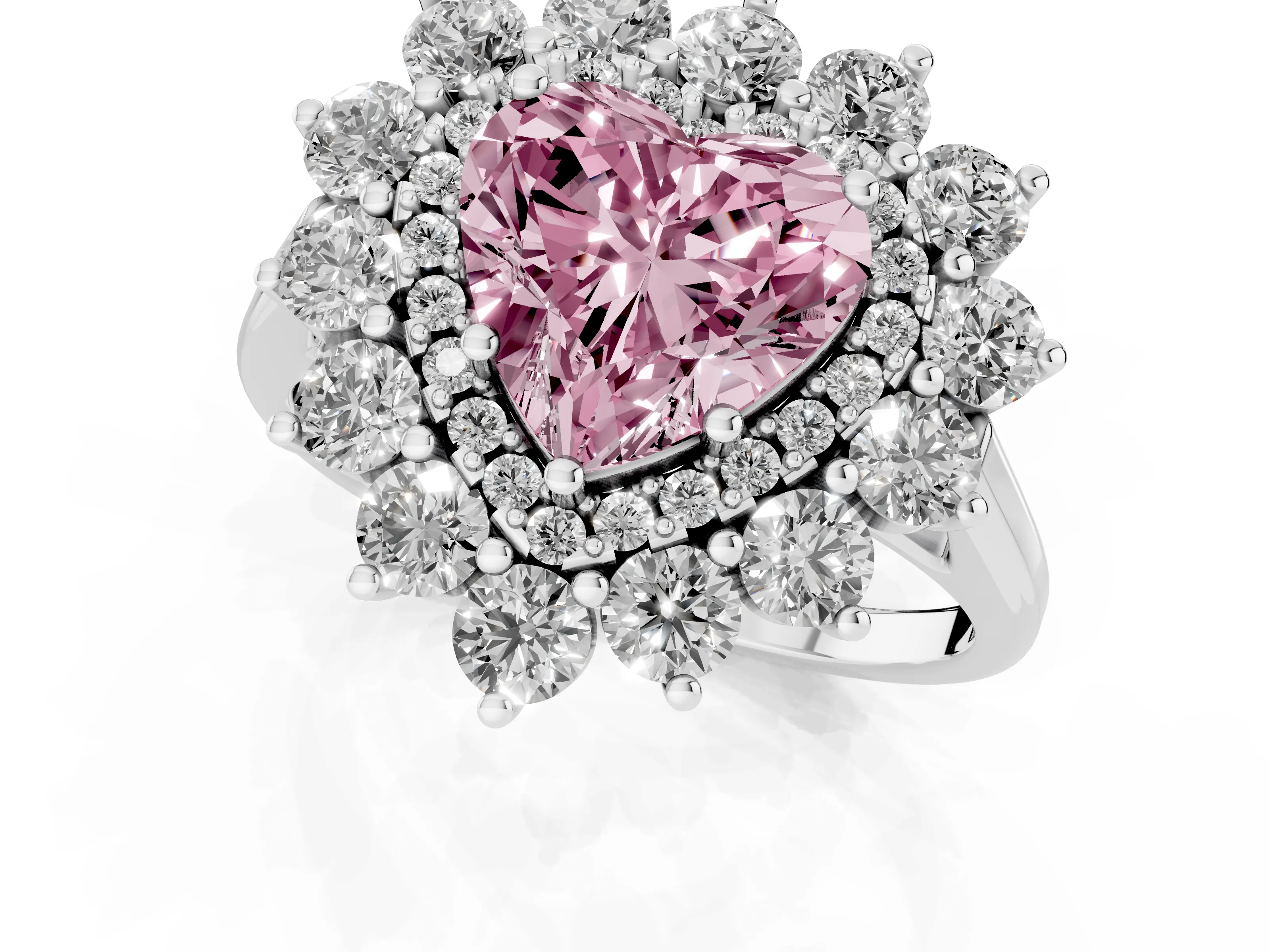 Fancy Pink Heart Cut Diamond Floral Double Halo Ring Set in Silver with Round Petals