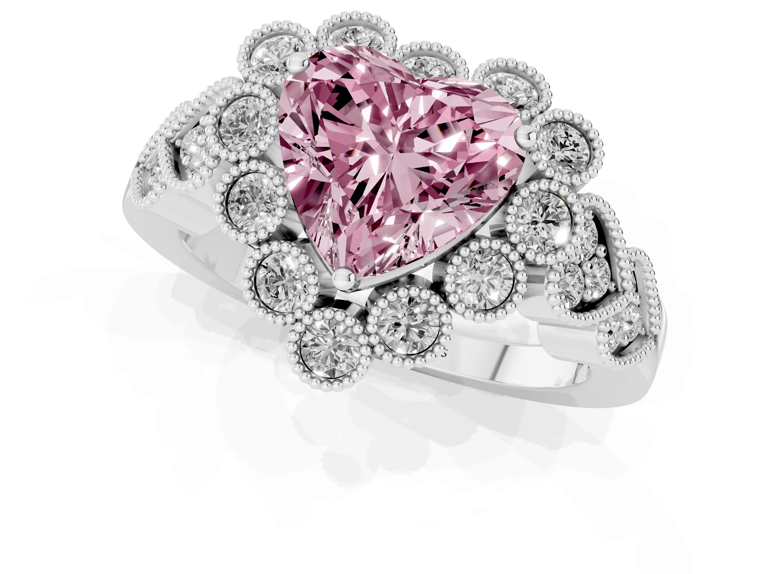 Fancy Pink Heart Cut Diamond Solitaire Ring Set in Platinum with Milgrain Pavé Heart Band – second view
