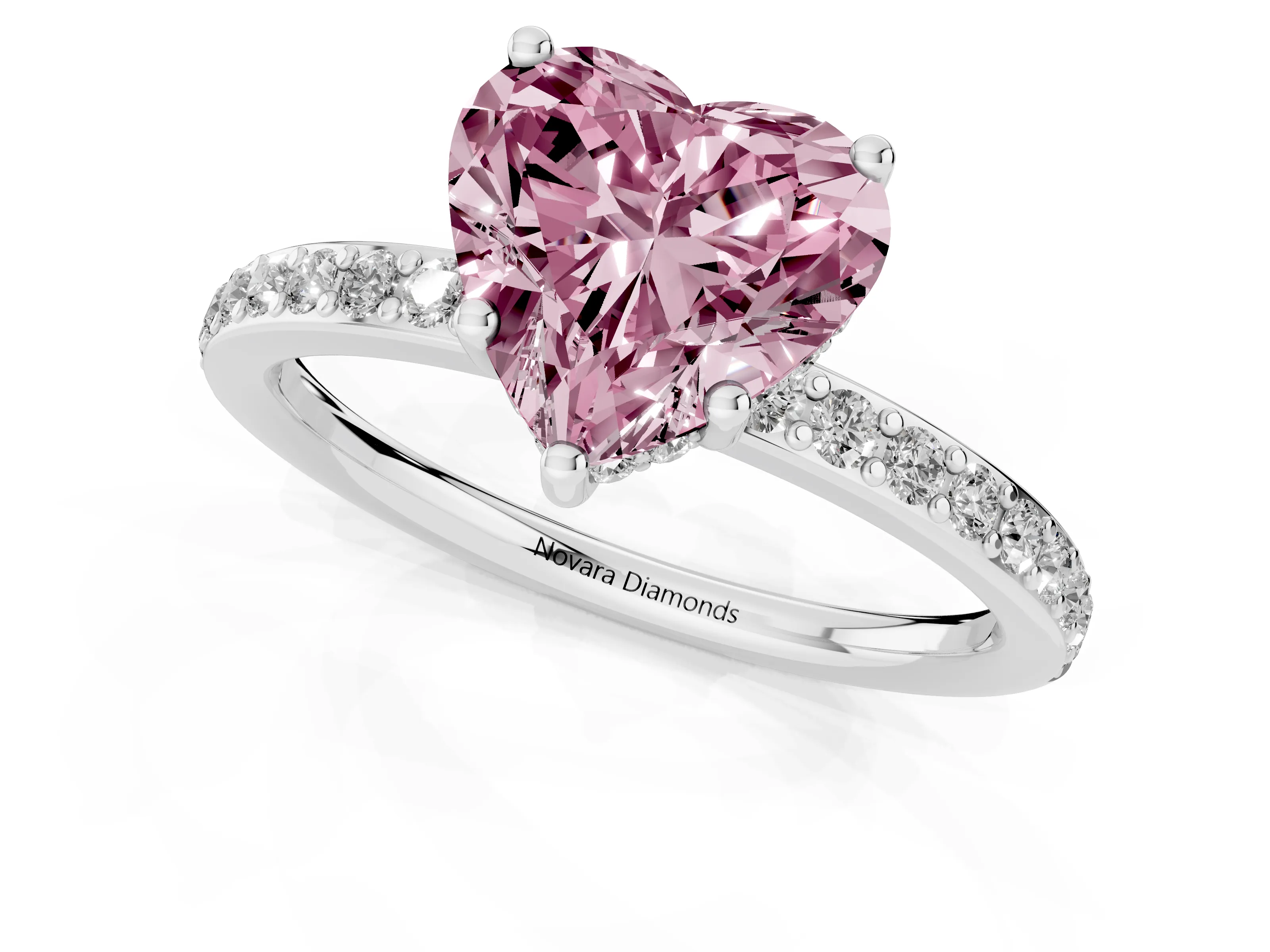 Fancy Pink Heart Cut Diamond Pavé Band Ring Set in White gold with Prong-Set Center Stone