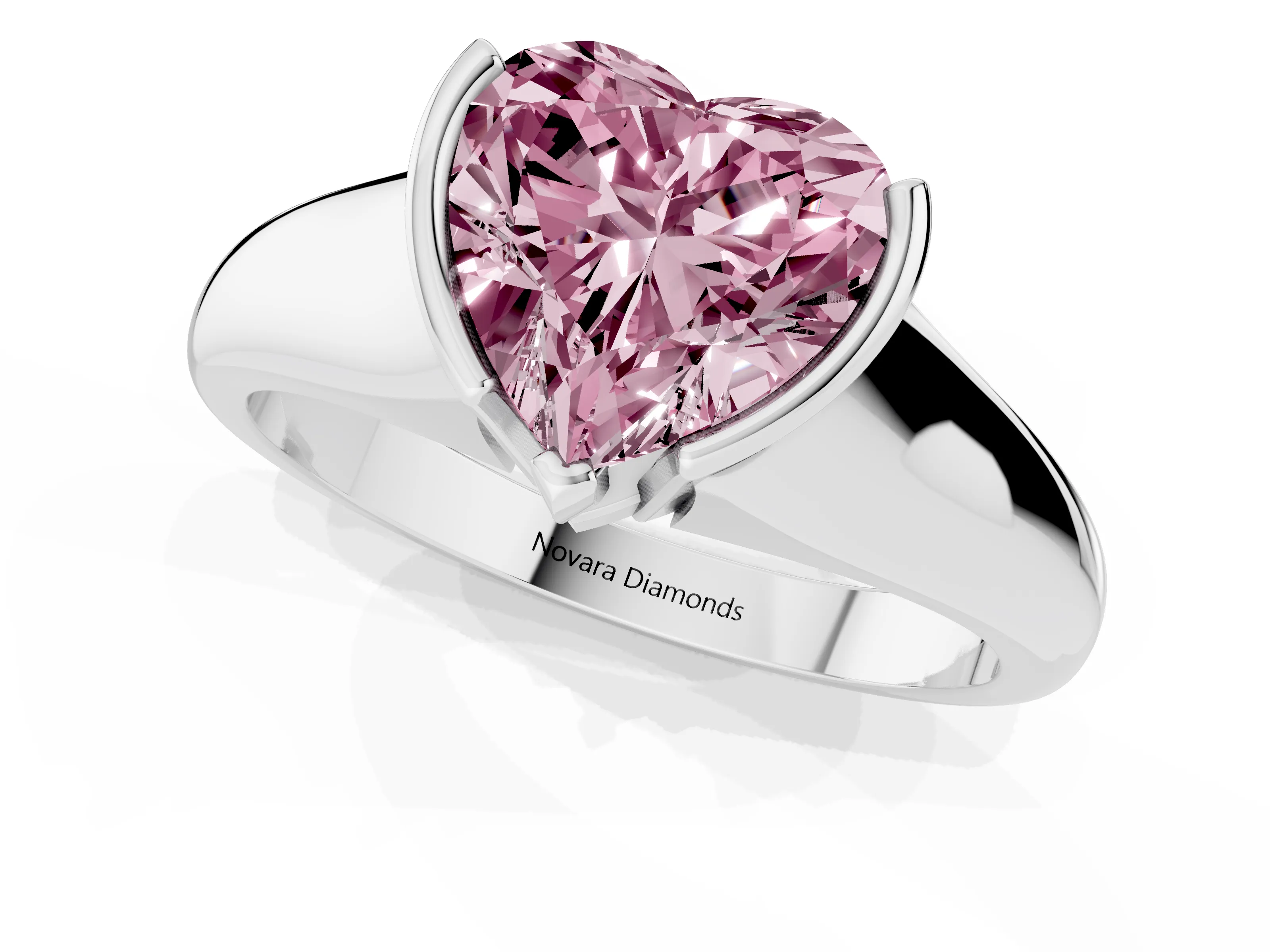 Fancy Pink Heart Cut Diamond Solitaire Tension Set Ring Set in Silver with Split Shank Band