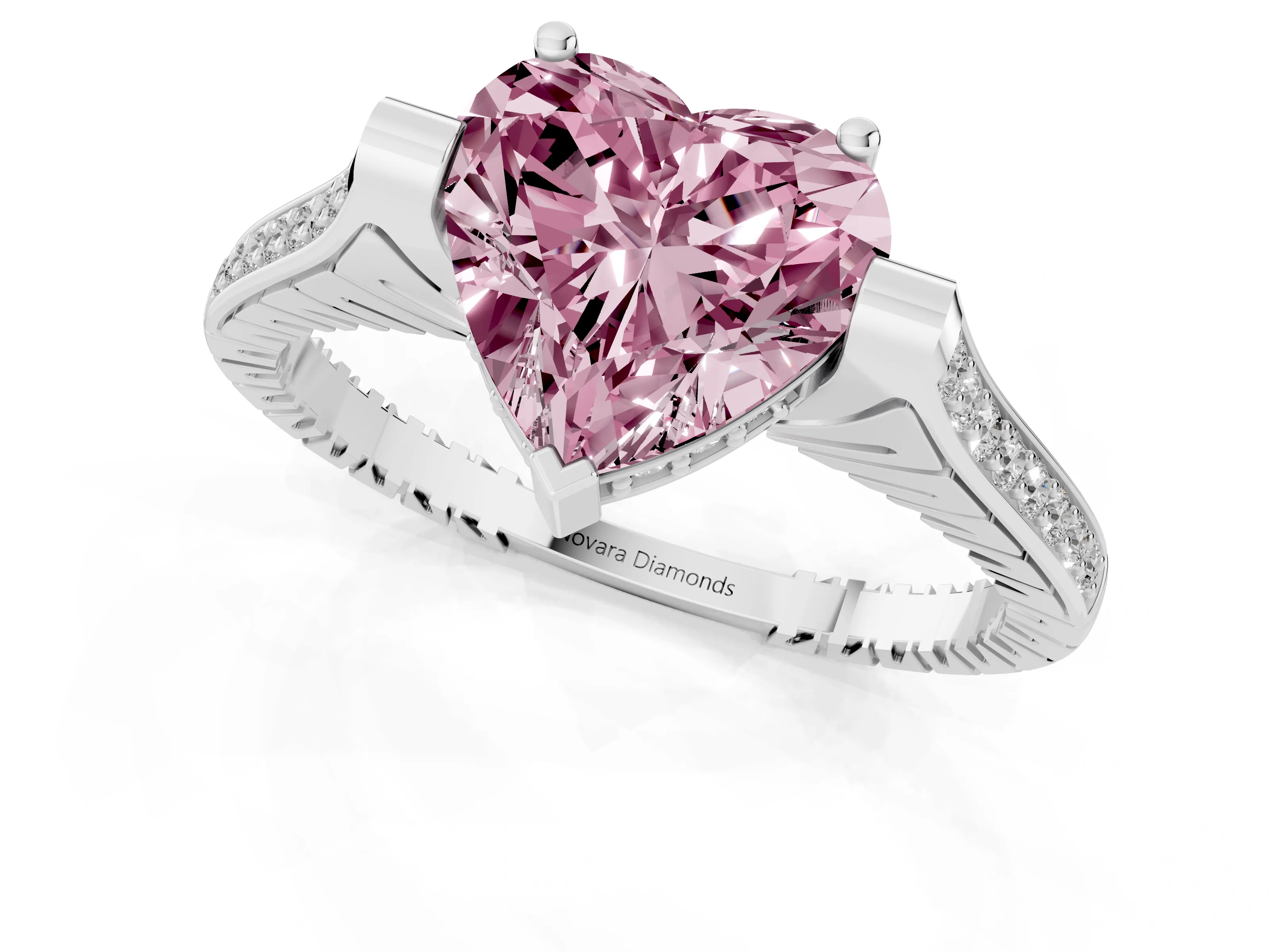 Fancy Pink Heart Cut Diamond Solitaire Ring Set in White gold with Channel Set Band and Bezel Prong Setting