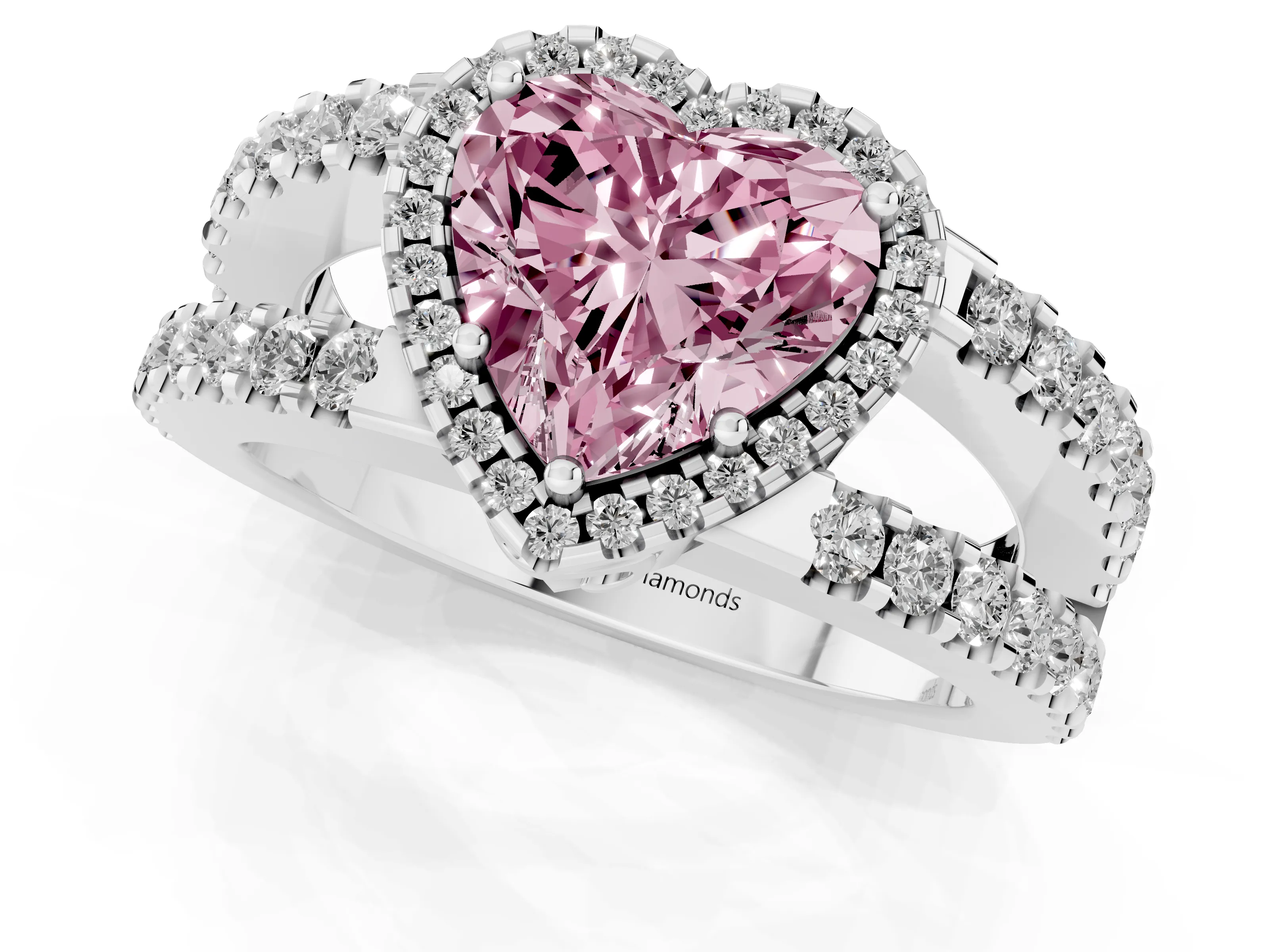 Fancy Pink Heart Cut Diamond Halo Ring Set in Platinum with Pavé Split Shank and Prong Setting