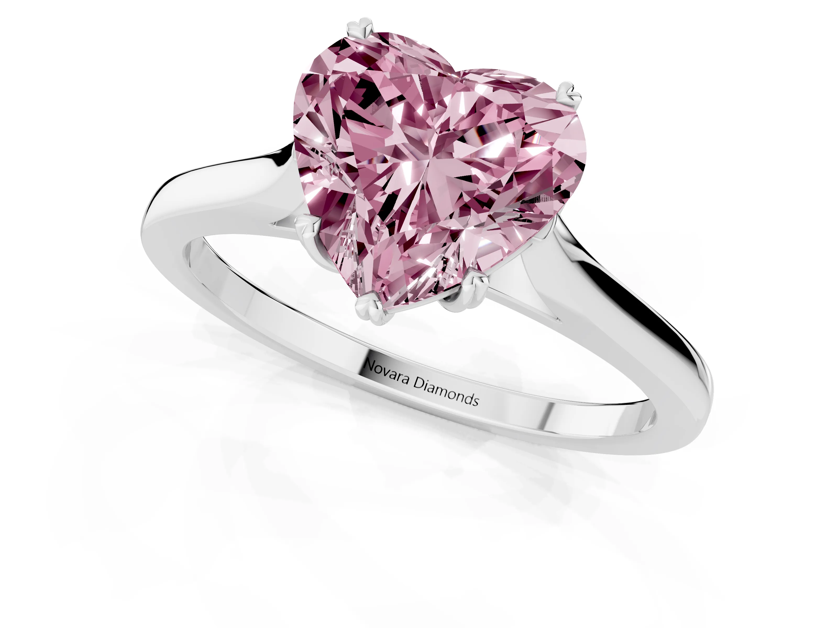 Fancy Pink Heart Cut Diamond Solitaire Heart Prong Engagement Ring Set in White gold with Tapered Band