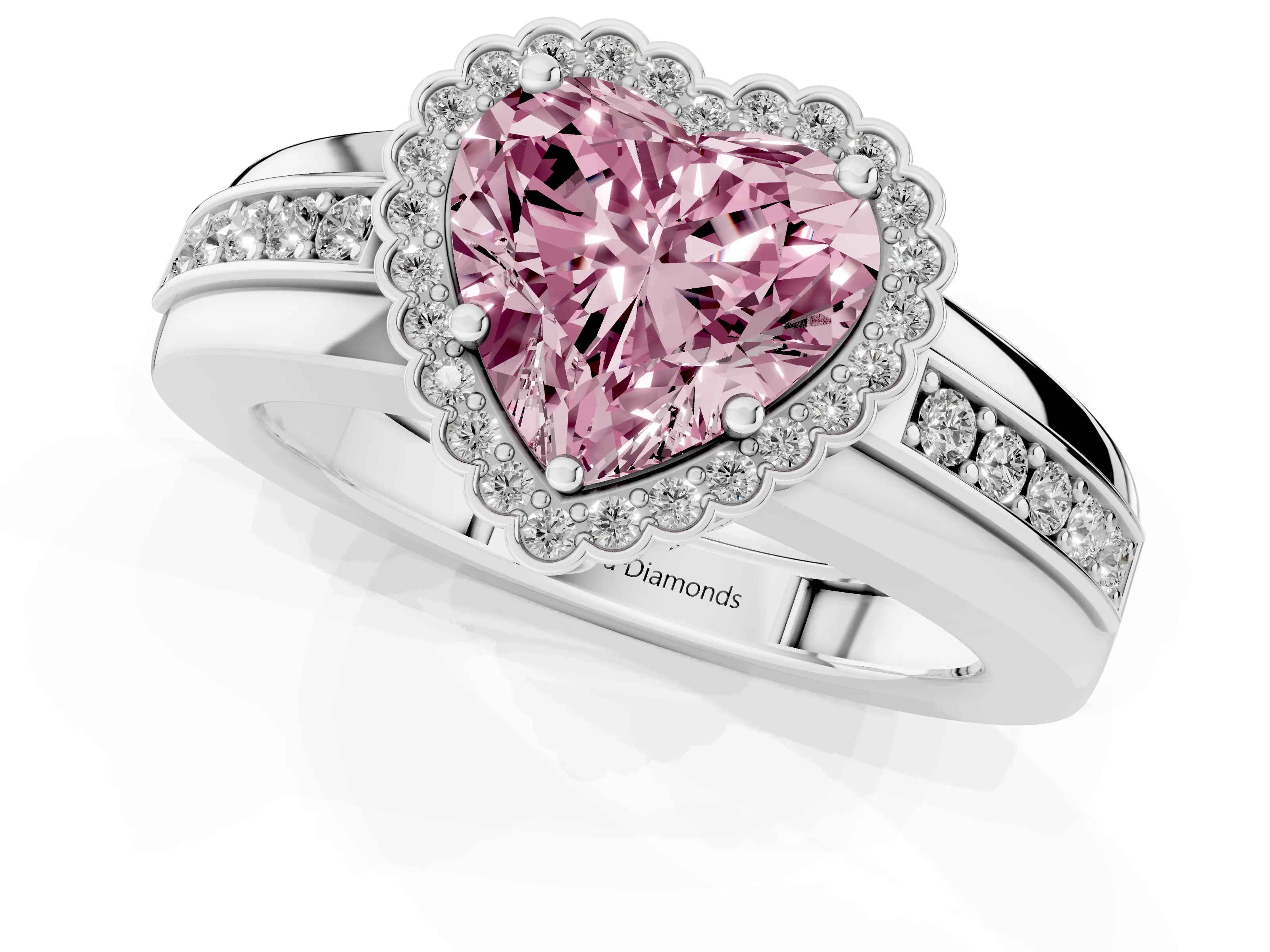 Fancy Pink Heart Cut Diamond Halo Prong Ring Set in White gold with Pavé Band