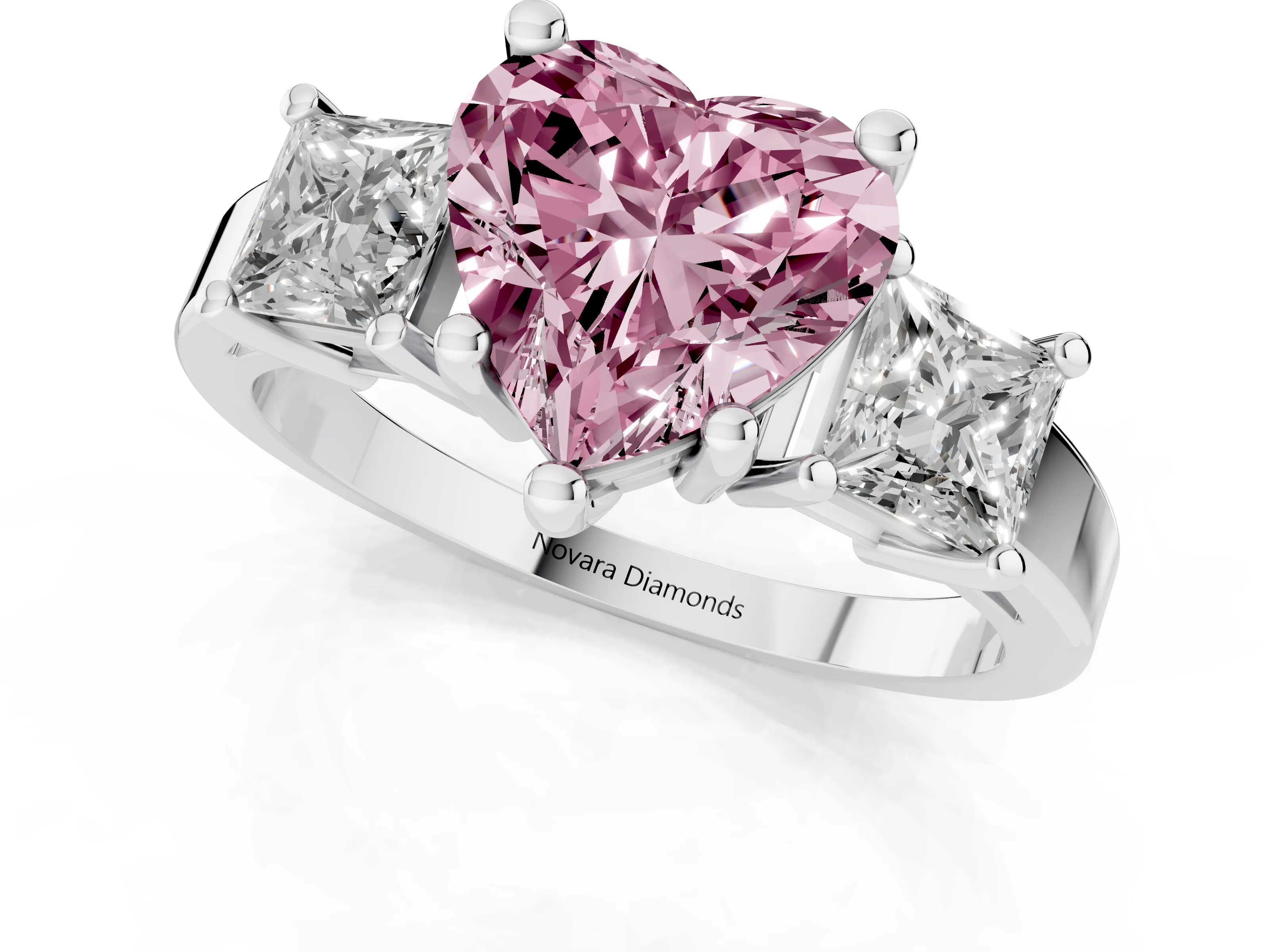 Fancy Pink Three-Stone Heart Cut Diamond Solitaire Ring Set in Silver with Prong Setting