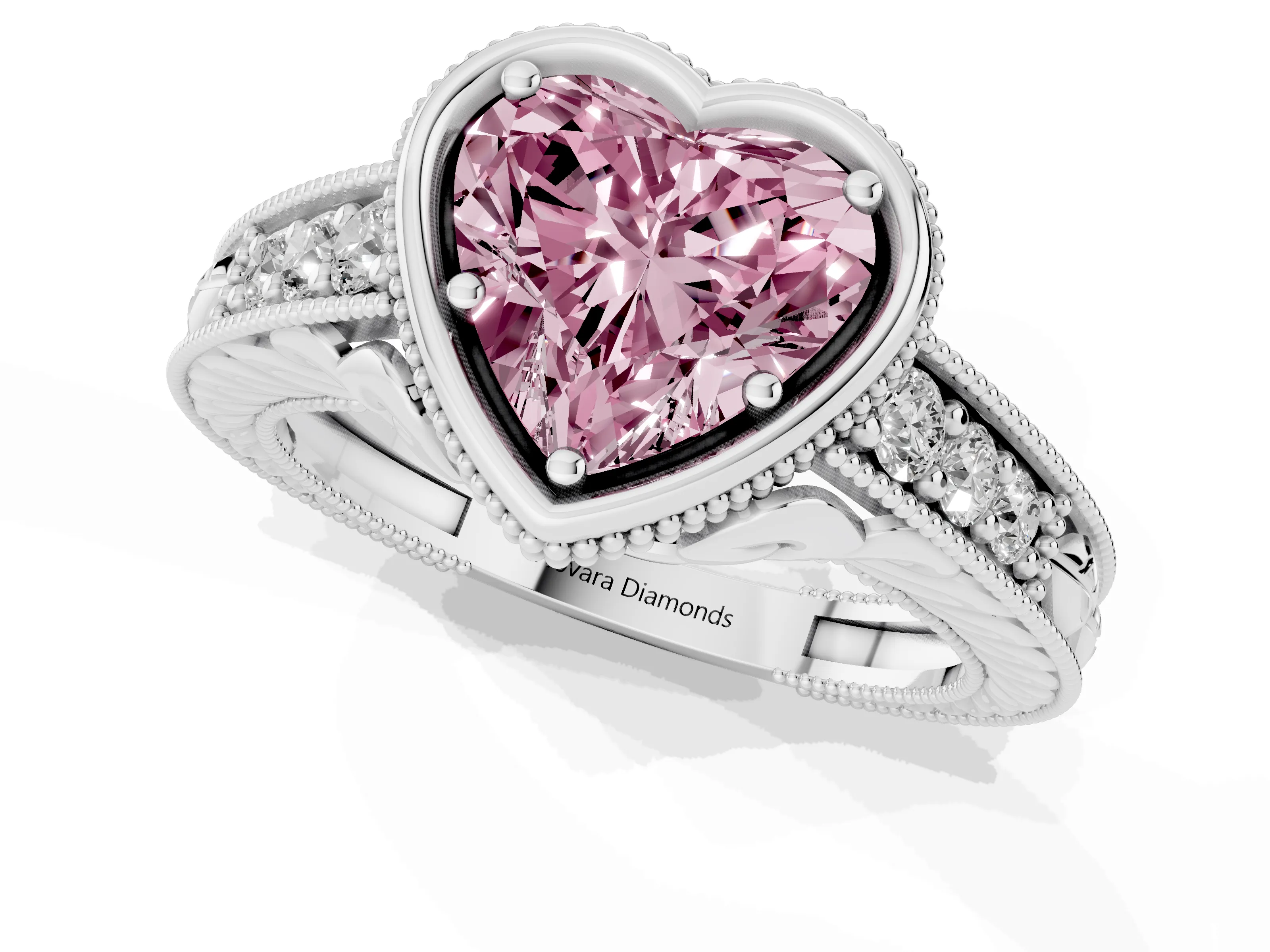 Fancy Pink Bezel Set Heart Cut Diamond Milgrain Pavé Engagement Ring Set in Silver