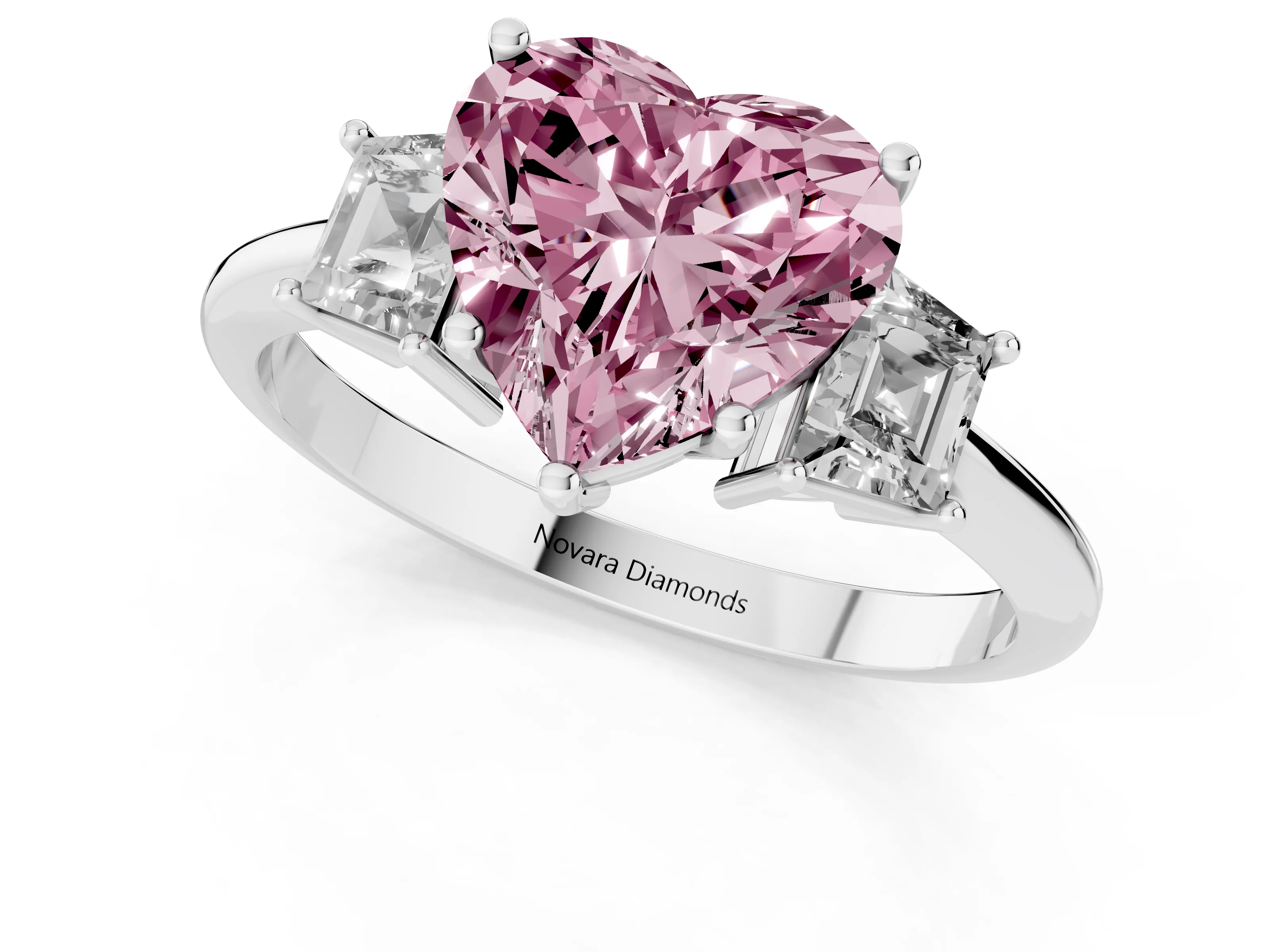 Fancy Pink Heart Cut Diamond Three-Stone Ring Set in Silver with Trapezoid Side Stones and Prong Setting