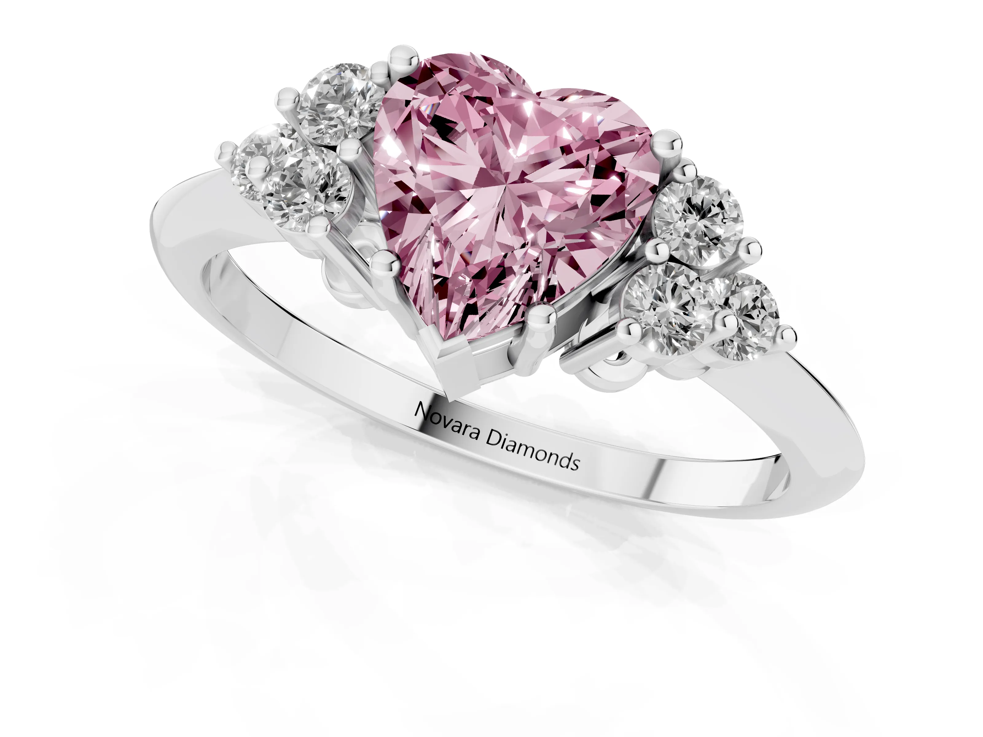 Fancy Pink Heart Cut Diamond Cluster Ring Set in Silver with Plain Band and Prong Setting