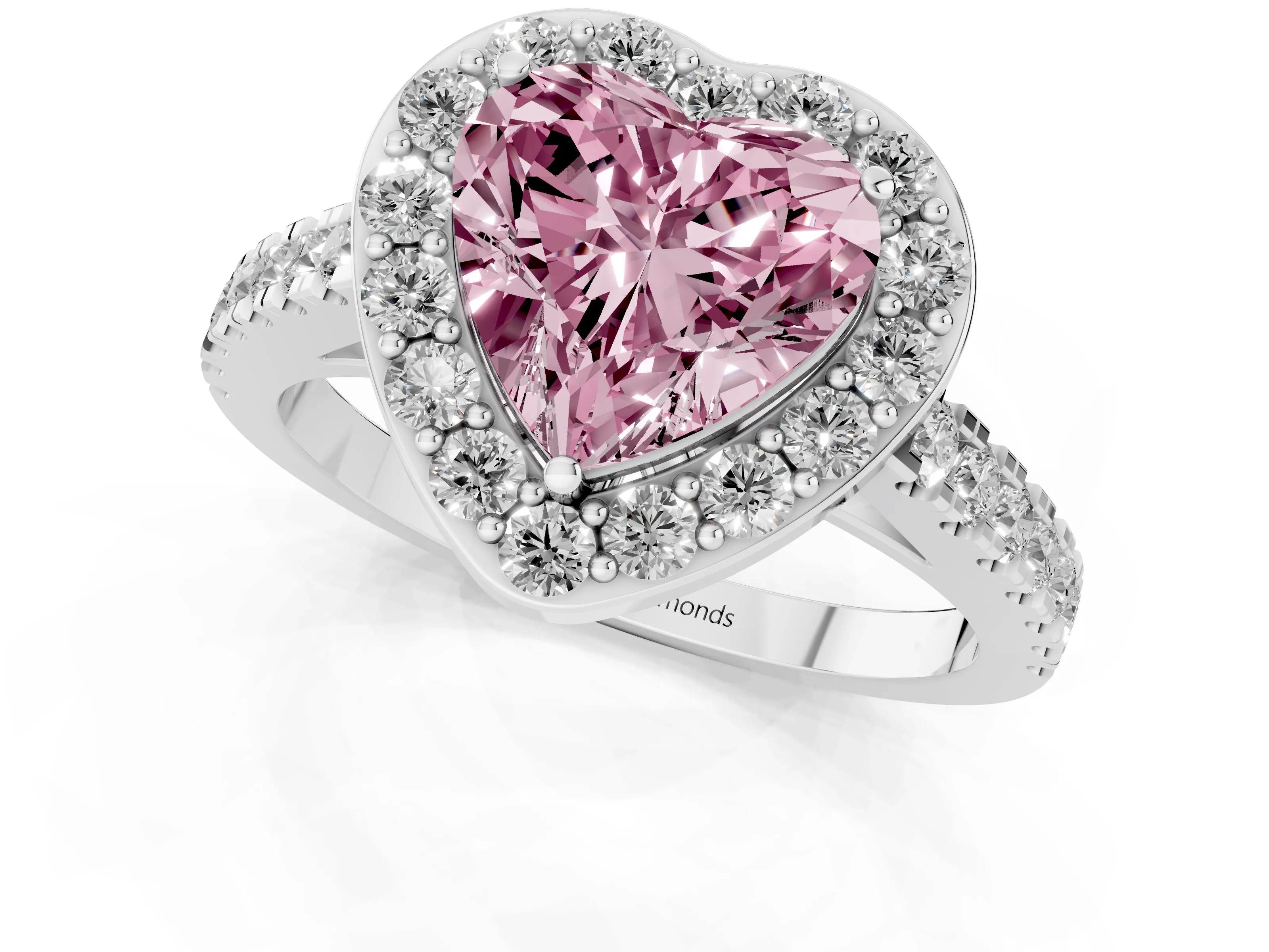 Fancy Pink Heart Cut Diamond Halo Ring Set in Platinum with Round Pavé Split Shank and Prong Setting