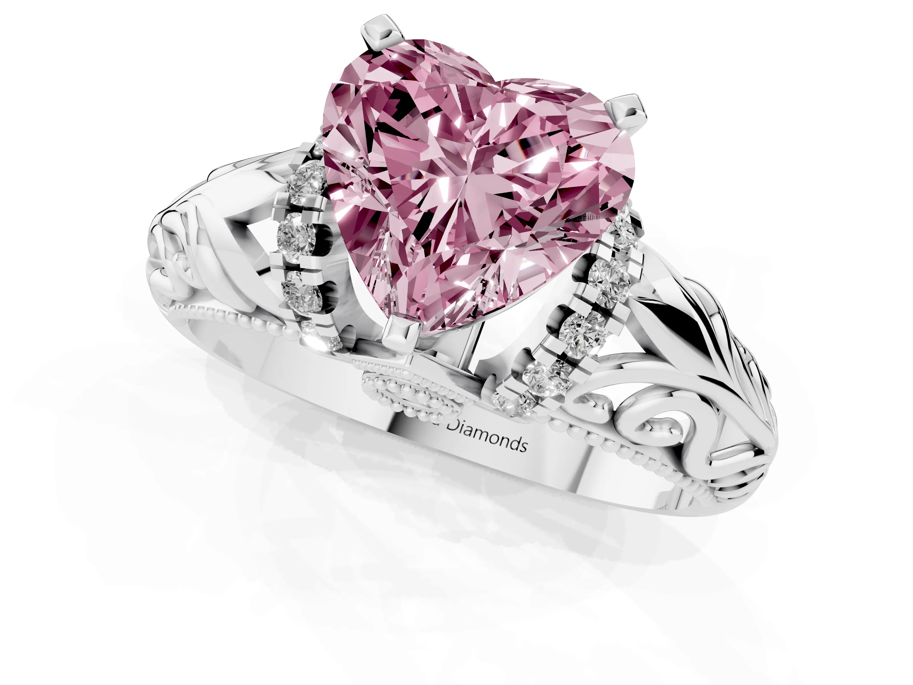 Fancy Pink Heart Cut Diamond Filigree Halo Engagement Ring Set in White gold with Prong Setting