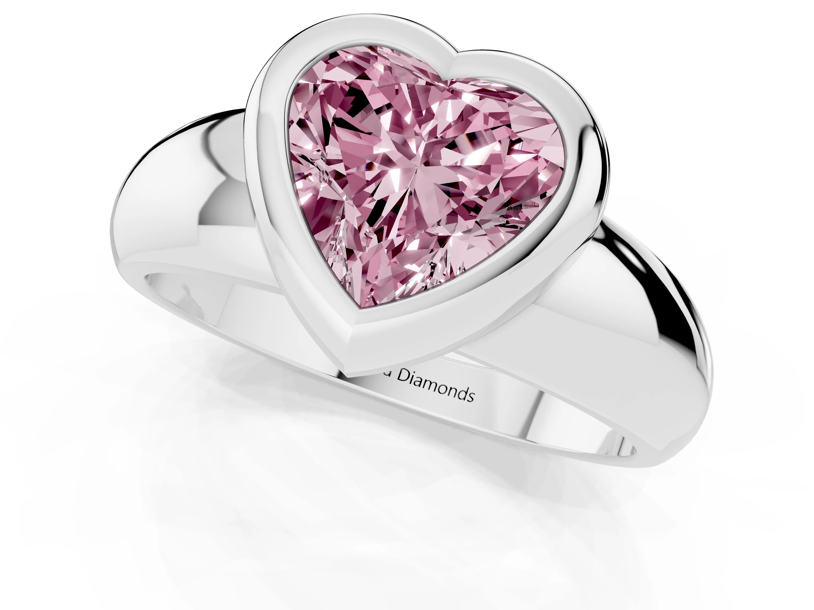 Fancy Pink Bezel Set Heart Cut Diamond Solitaire Ring Set in White gold with Wide Band