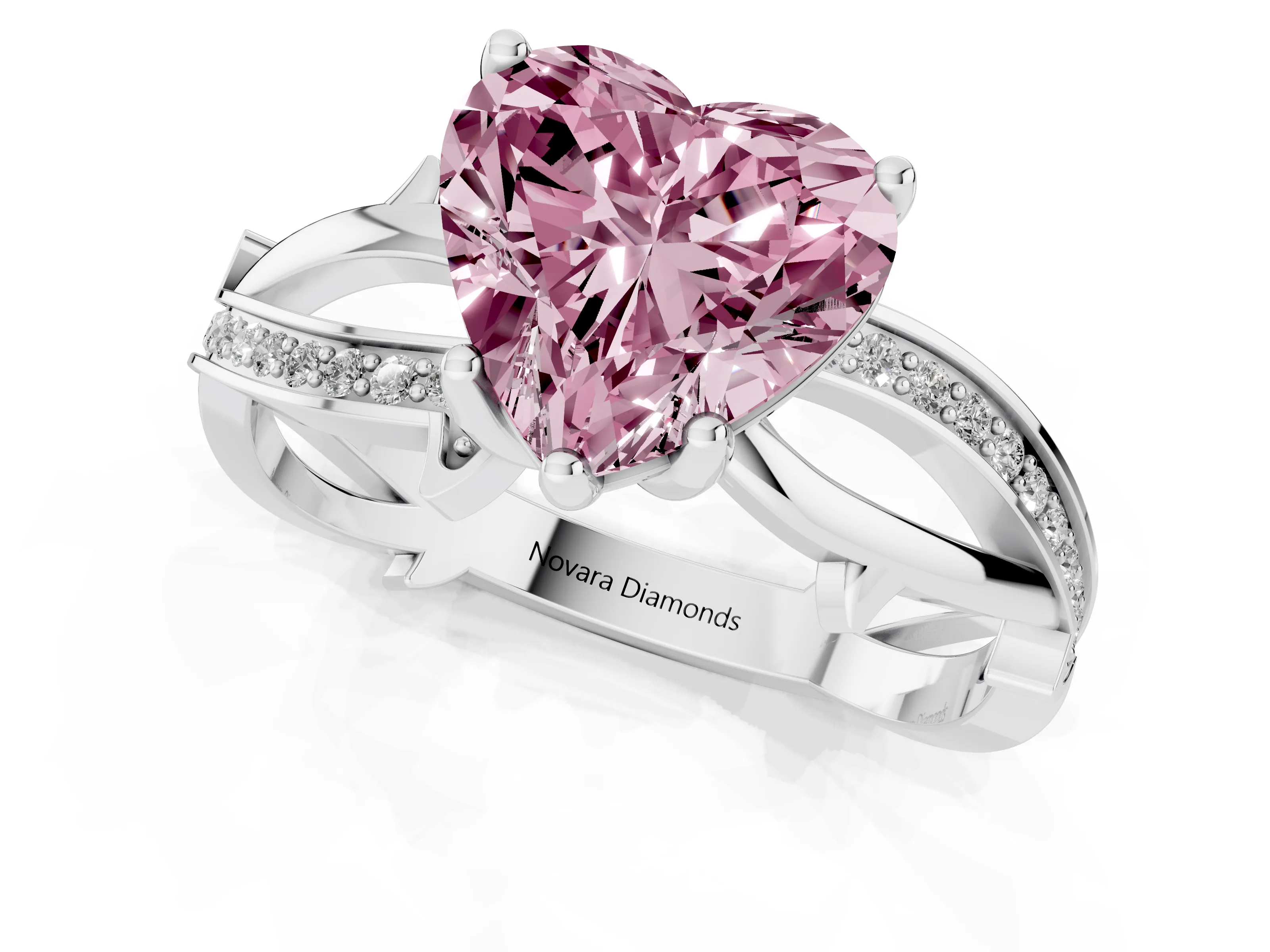Fancy Pink Heart Cut Diamond Pavé Twist Band Solitaire Ring Set in White gold with Prong Setting