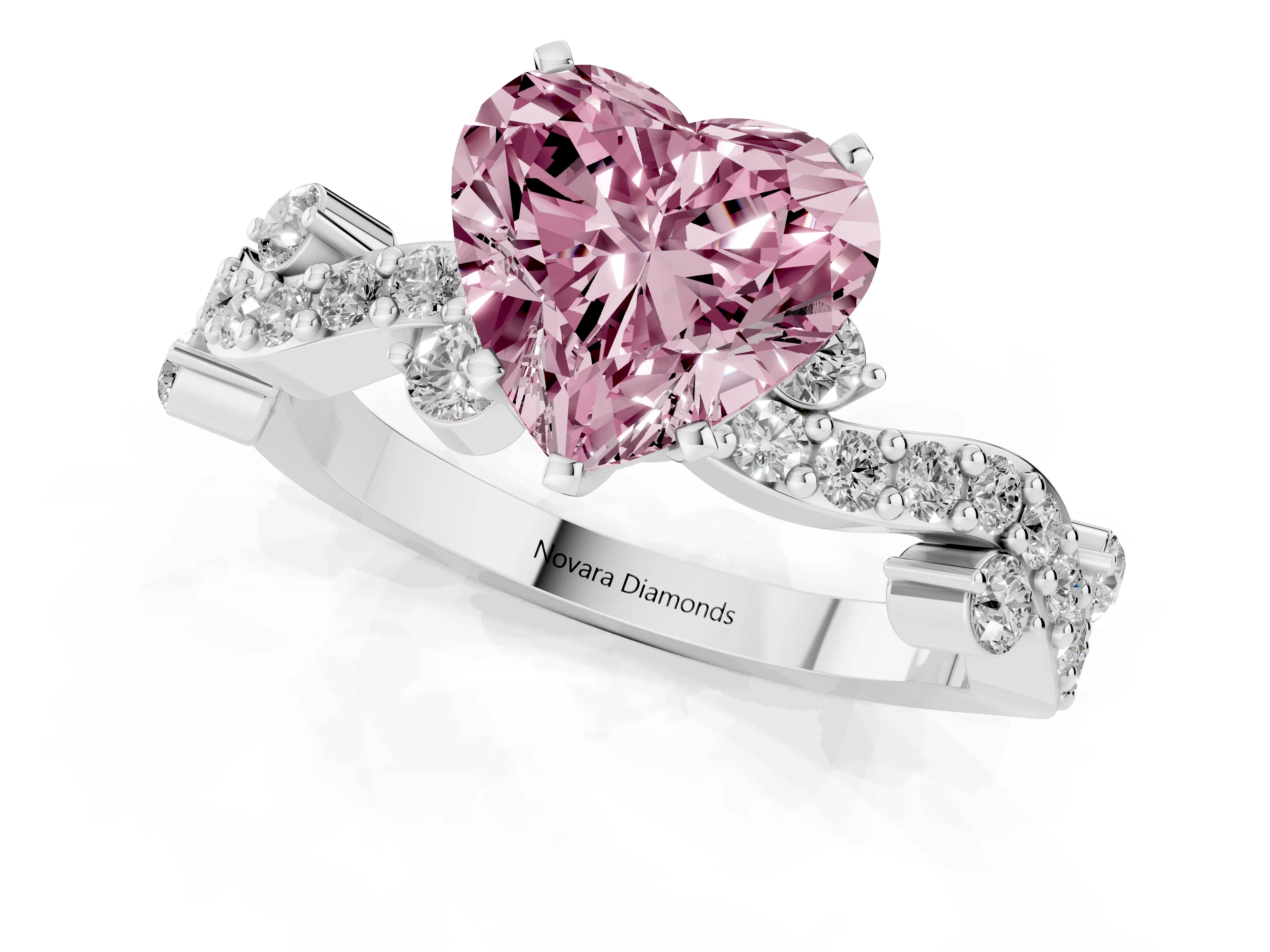 Fancy Pink Heart Cut Diamond Solitaire Twisted Band Set in White gold with Pavé Setting