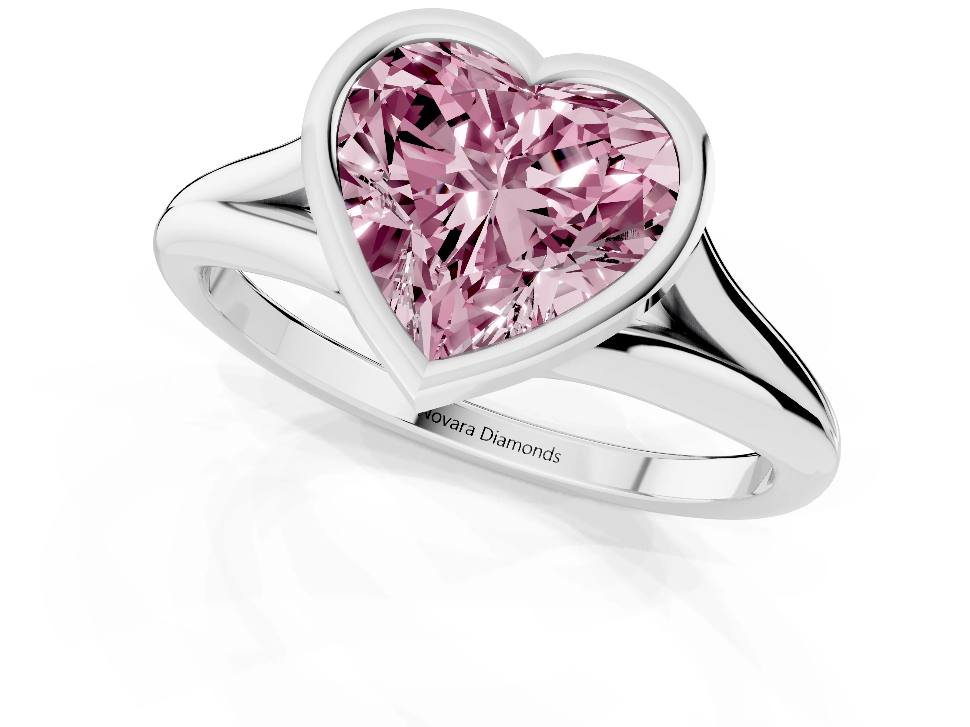 Fancy Pink Bezel Set Heart Cut Diamond Solitaire Ring Set in Platinum with Tapered Band