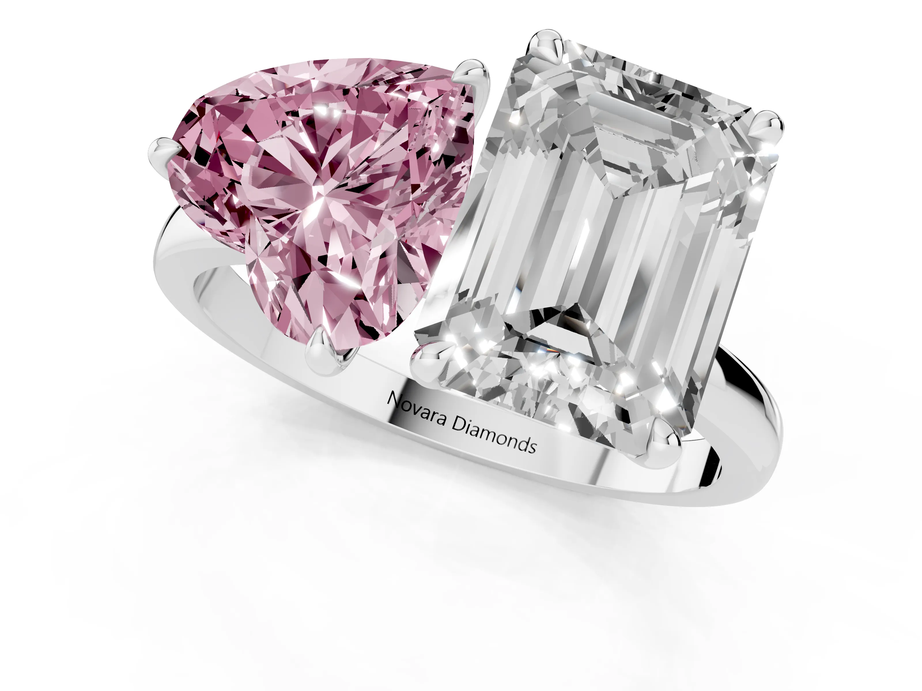 Fancy Pink Heart Cut and Emerald Cut Toi Moi Ring Set in Silver with Prong Setting
