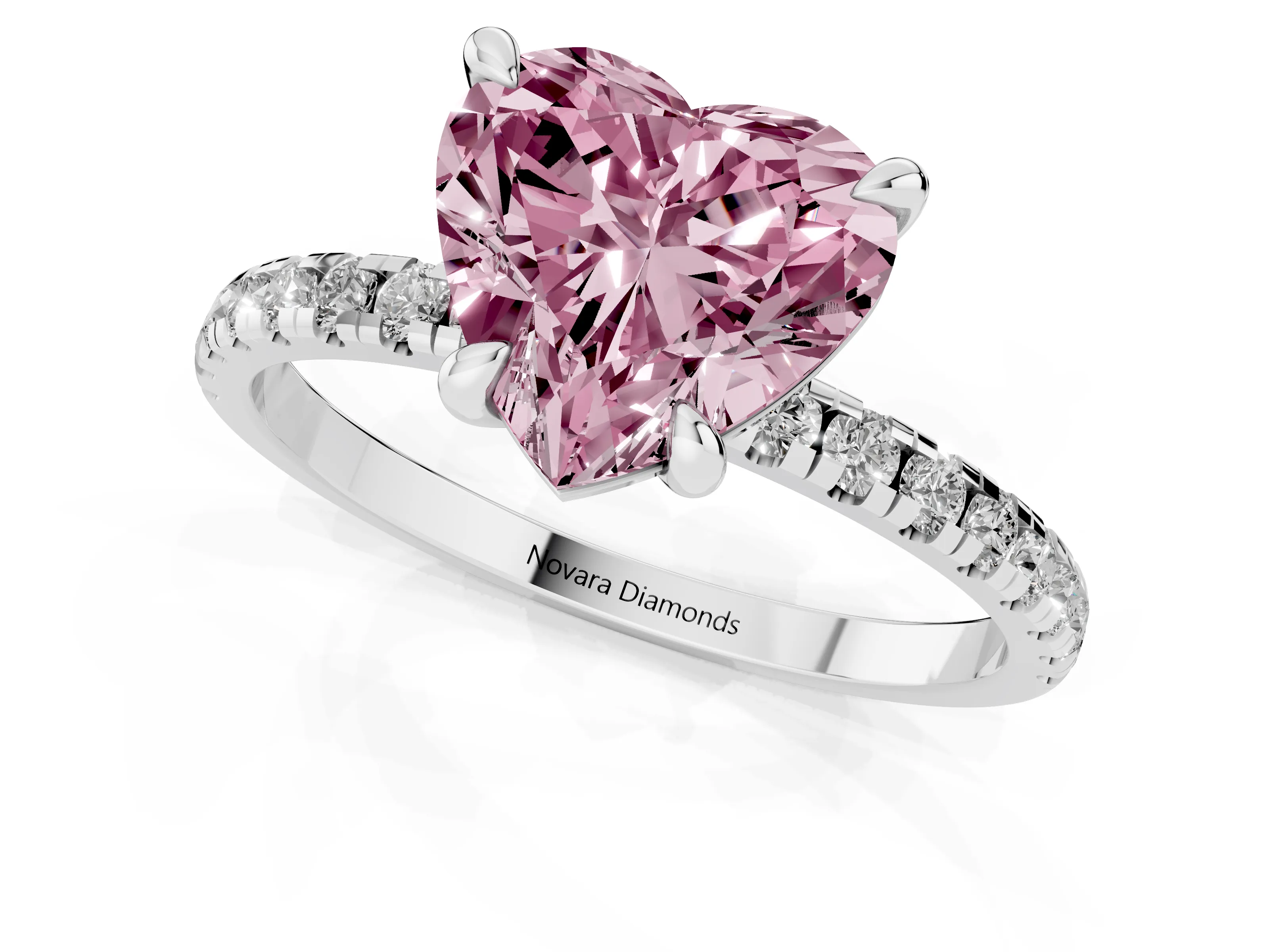 Fancy Pink Heart Cut Diamond Brilliant Solitaire Ring Set in White gold with Pavé Band and Prong Setting