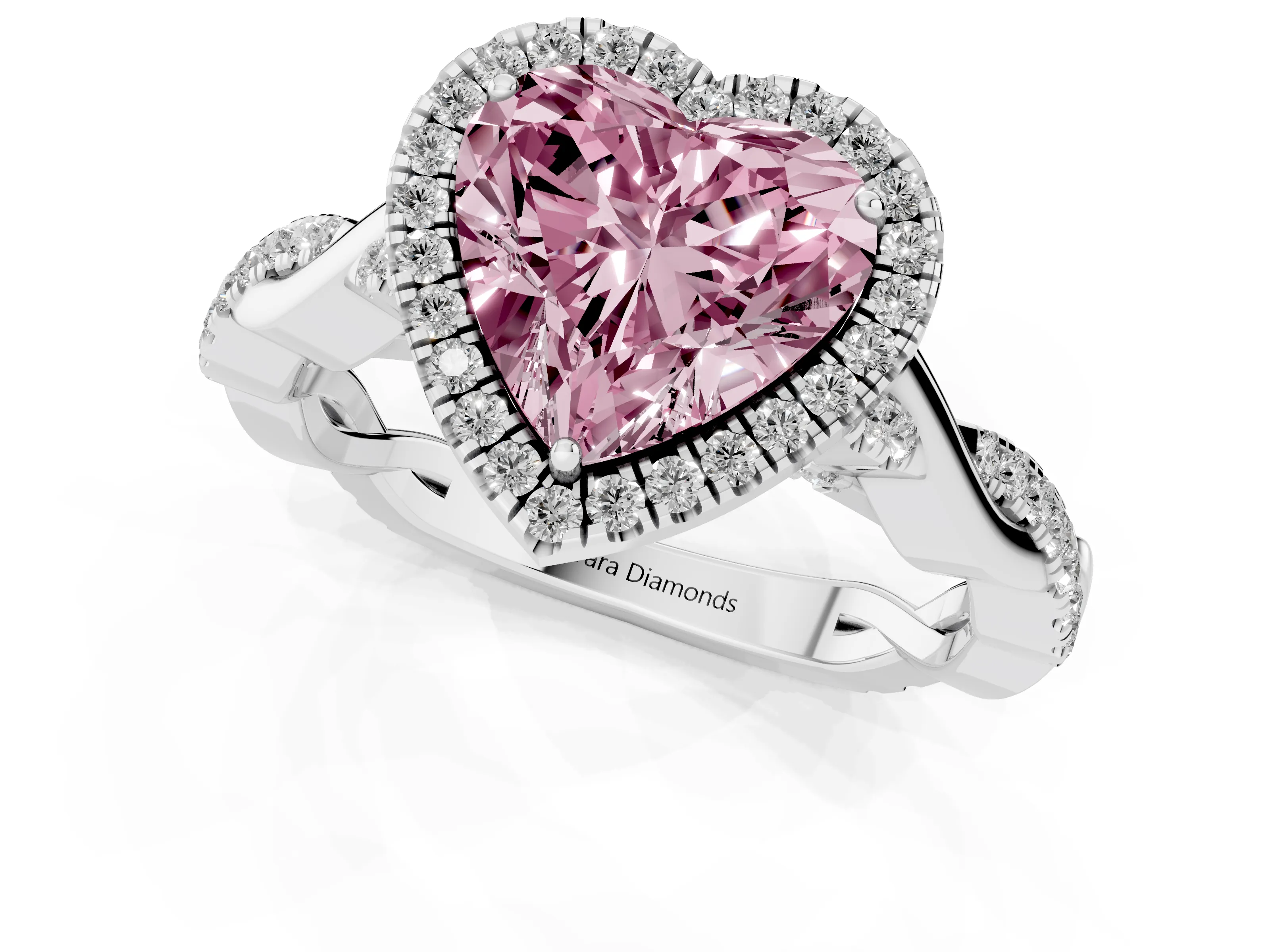 Fancy Pink Heart Cut Diamond Halo Twist Band Solitaire Ring Set in White gold with Prong Setting