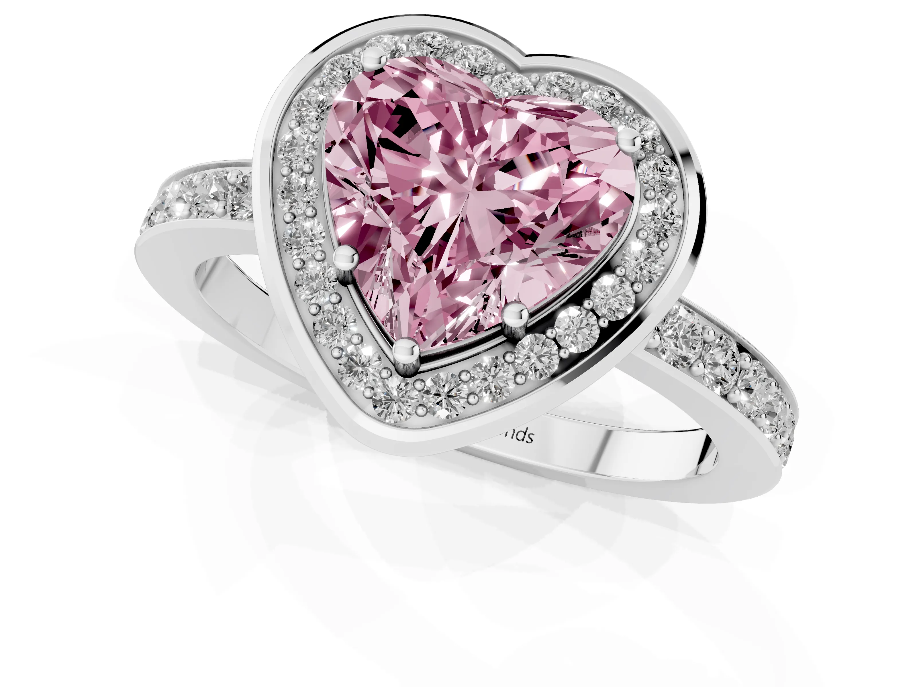 Fancy Pink Heart Cut Diamond Halo Ring Set in Silver with Bezel Frame and Pavé Band