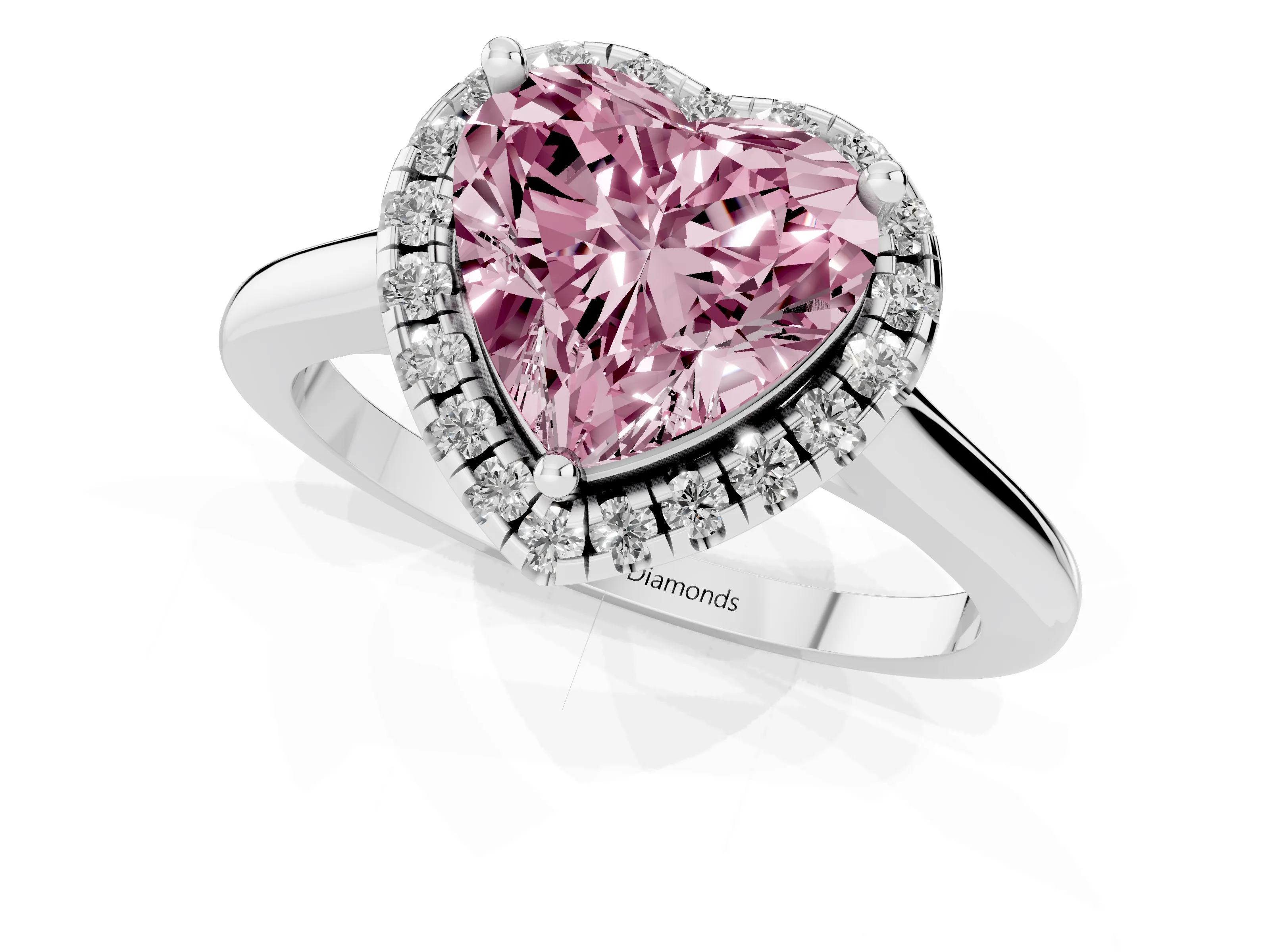 Fancy Pink Heart Cut Diamond Halo Engagement Ring Set in Platinum with Pavé Band and Rising Shoulders