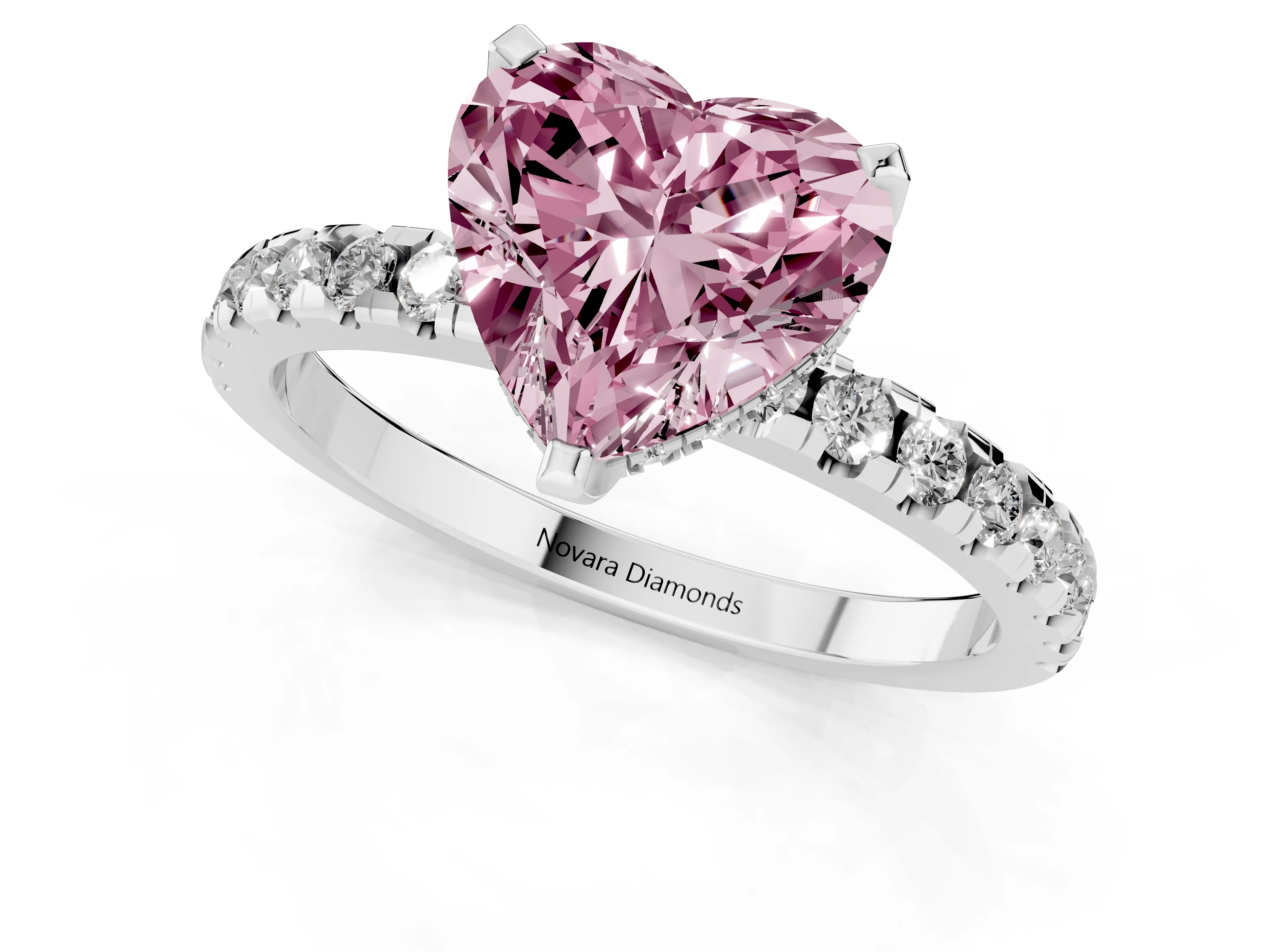 Fancy Pink Heart Cut Diamond Pavé Solitaire Ring Set in White gold with Round Band Accents and Prong Setting