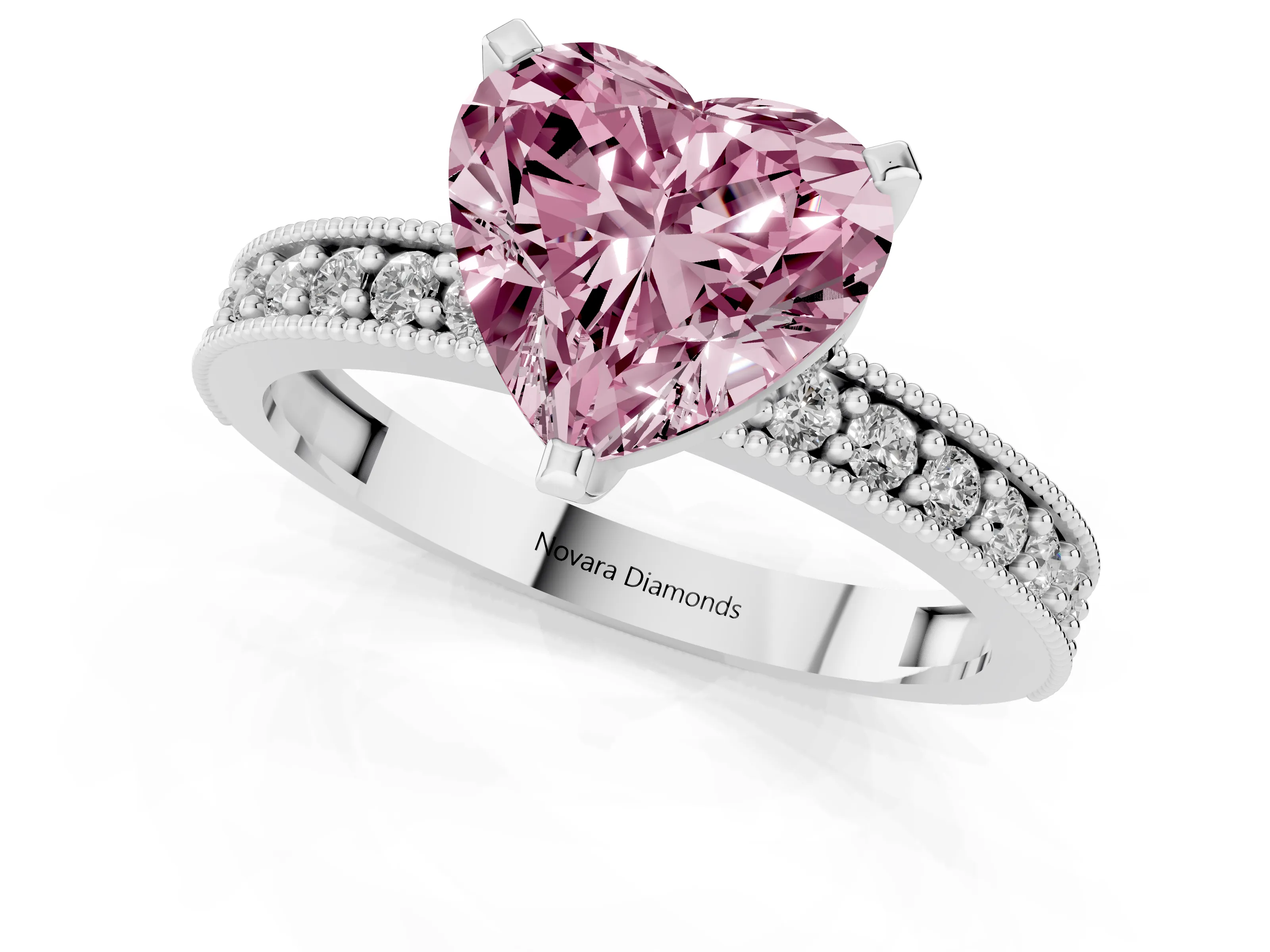 Fancy Pink Heart Cut Diamond Milgrain Pavé Engagement Ring Set in Silver with Prong Setting