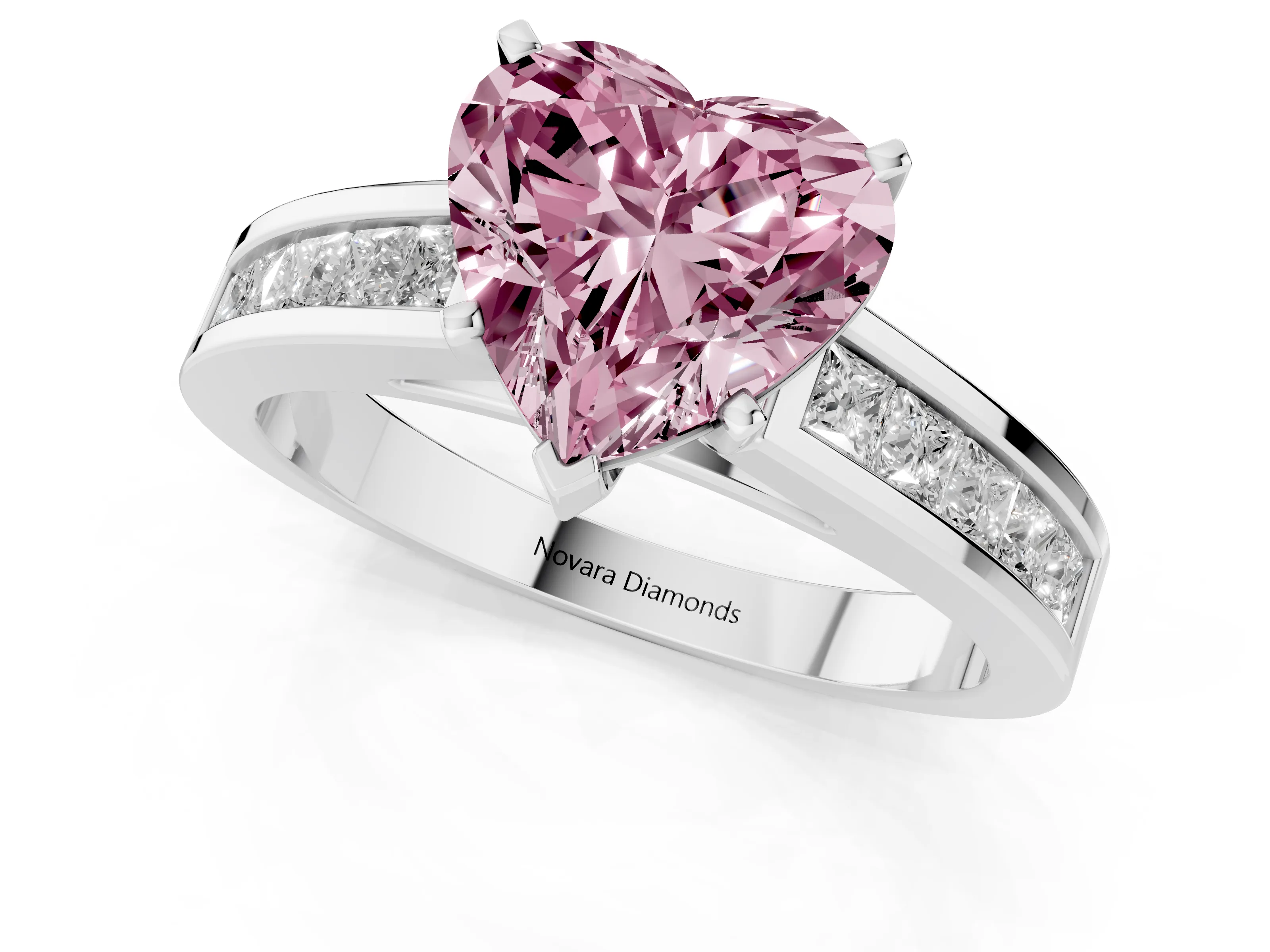 Fancy Pink Heart Cut Diamond Solitaire Ring Set in White gold with Channel-Set Band and Prong Setting
