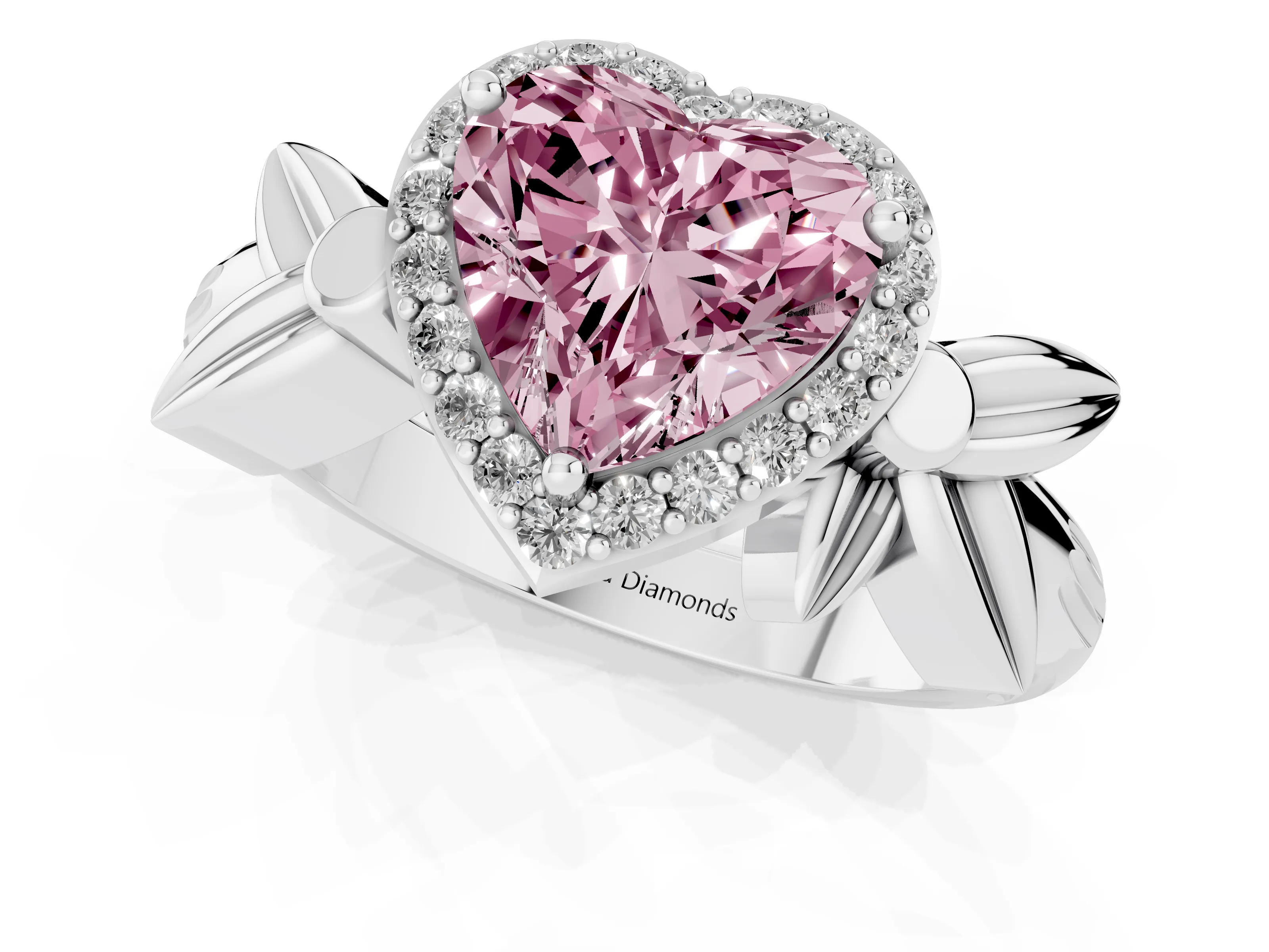 Fancy Pink Heart Cut Diamond Halo Floral Band Ring Set in White gold with Prong Setting