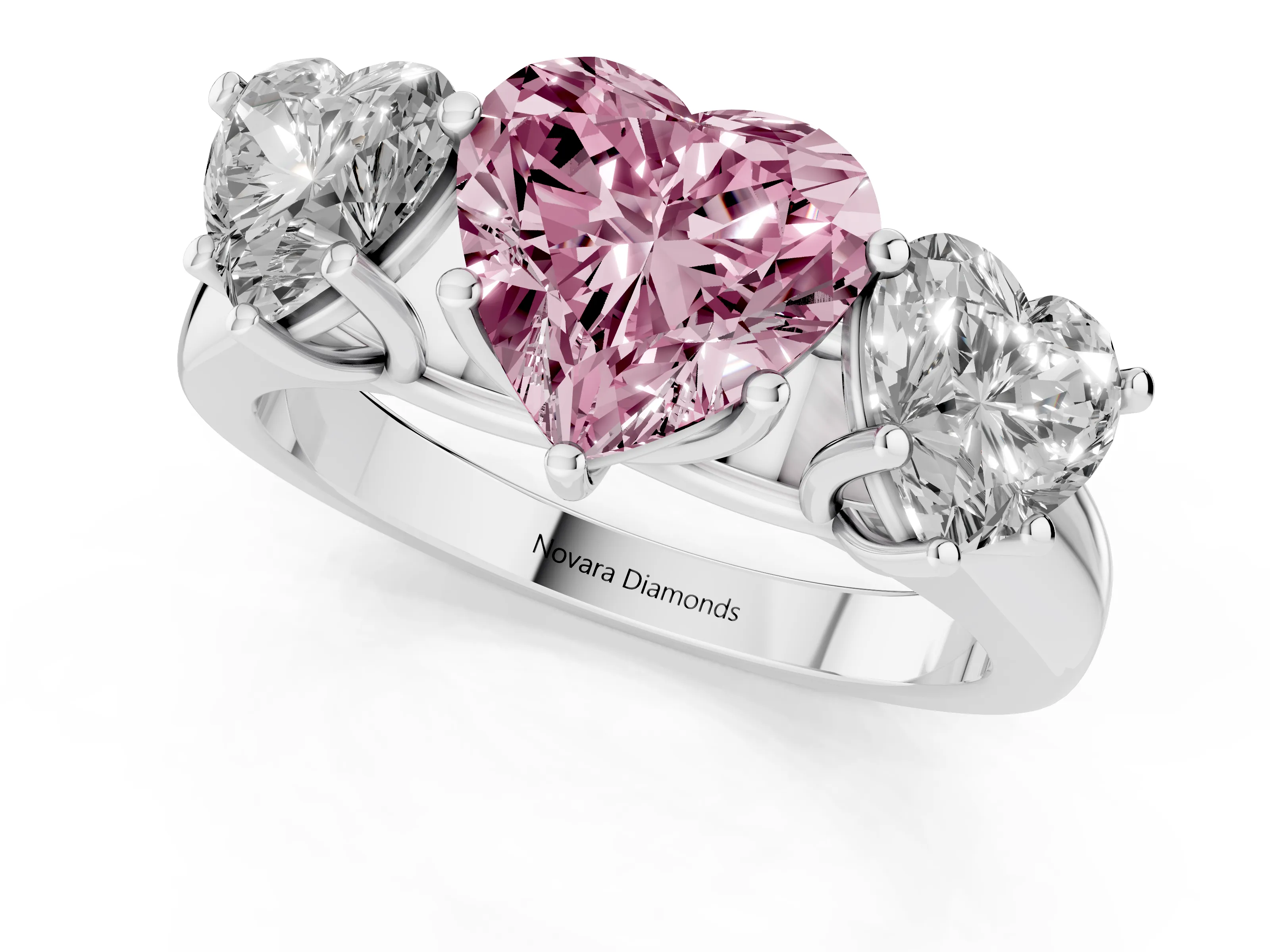 Fancy Pink Heart Cut Diamond Three-Stone Ring Set in Silver with Plain Polished Band