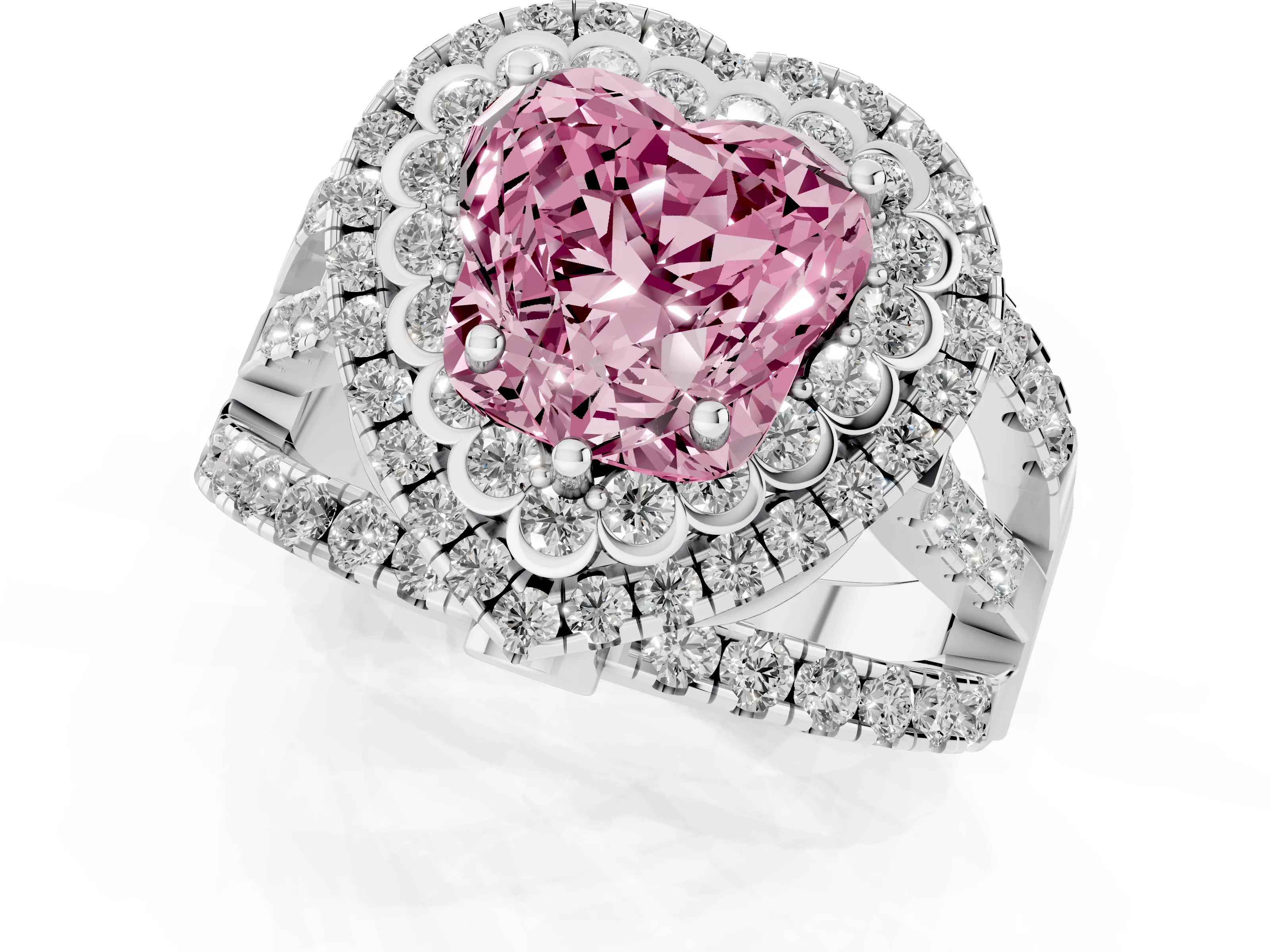 Fancy Pink Heart Cut Diamond Double Halo Ring Set in White gold with Round Pavé Split Shank