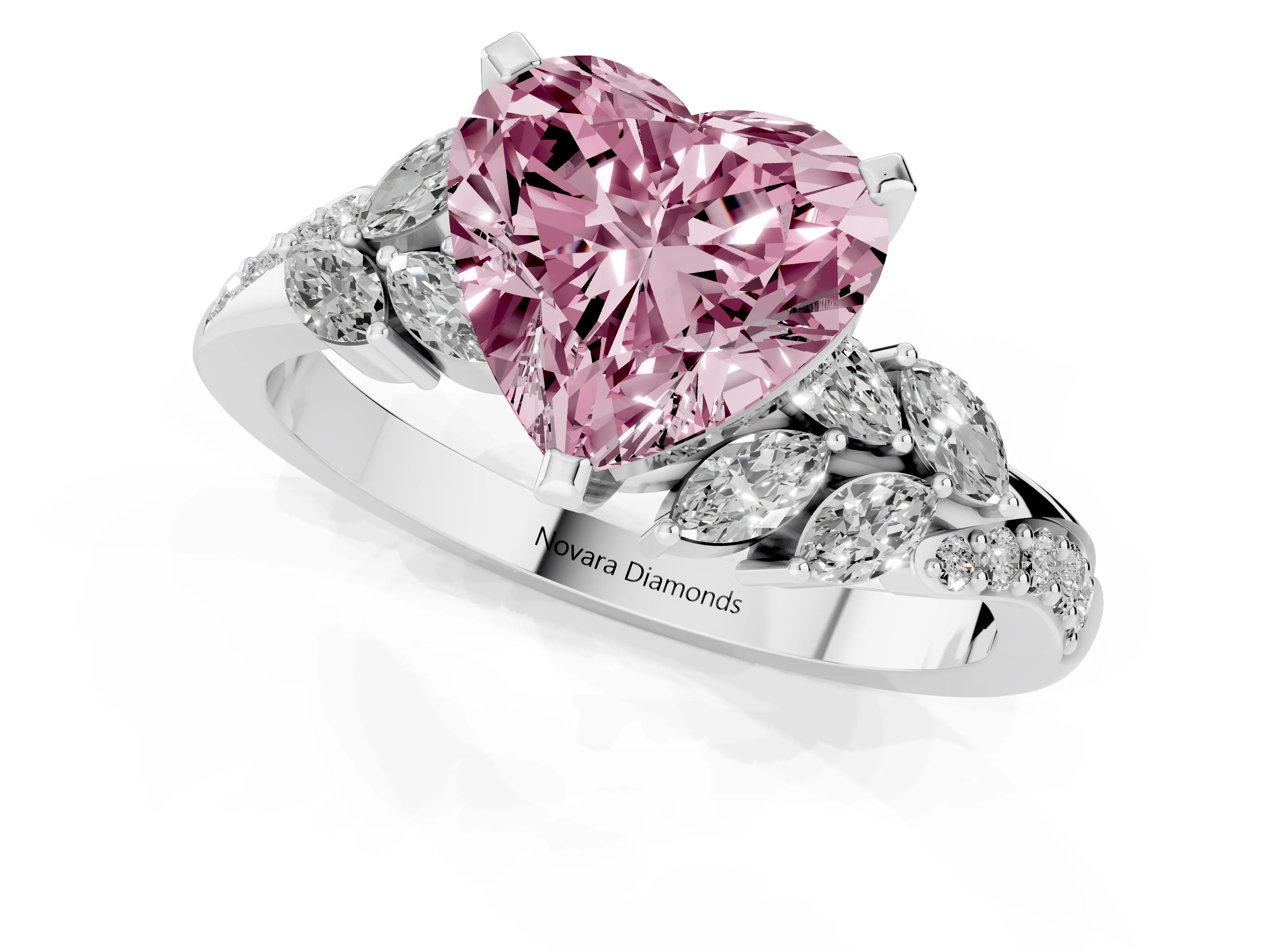 Fancy Pink Heart Cut Diamond Solitaire Ring Set in Silver with Marquise Twist Band and Prong Setting