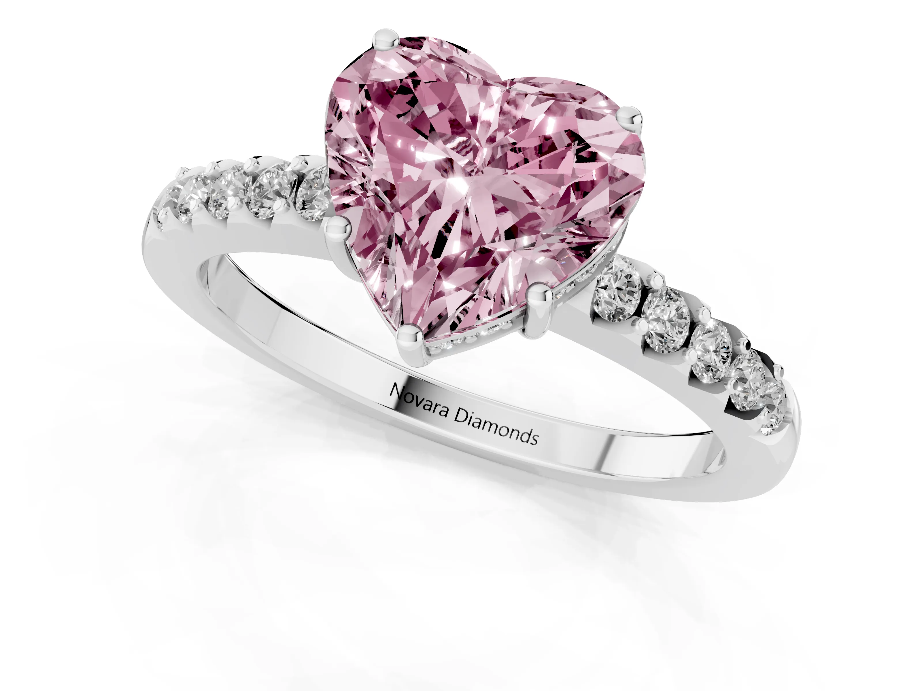 Fancy Pink Heart Cut Diamond Solitaire Engagement Ring Set in White gold with Pavé Band and Prong Setting