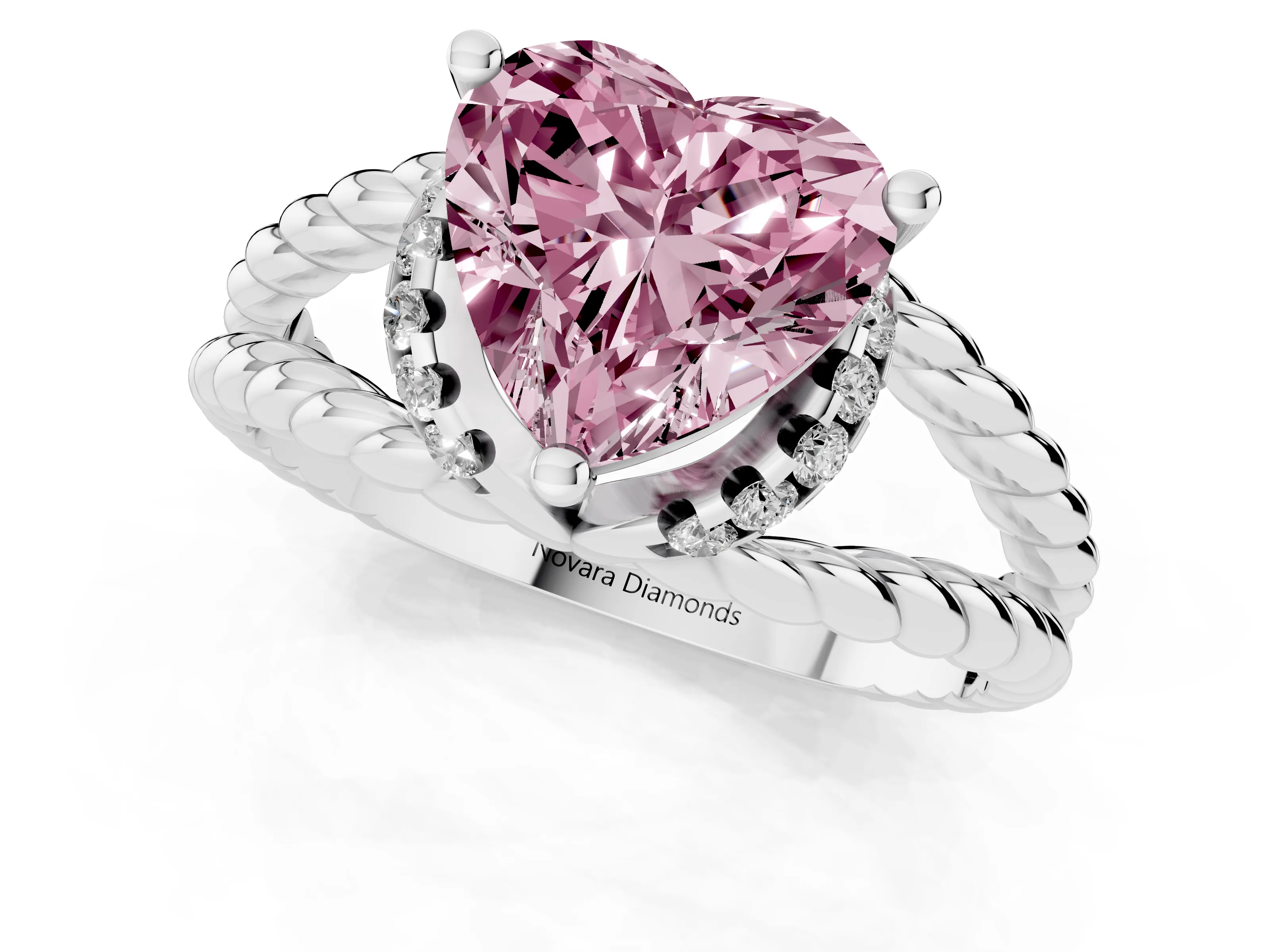 Fancy Pink Heart Cut Diamond Halo Ring Set in Silver with Twisted Band and Prong Setting