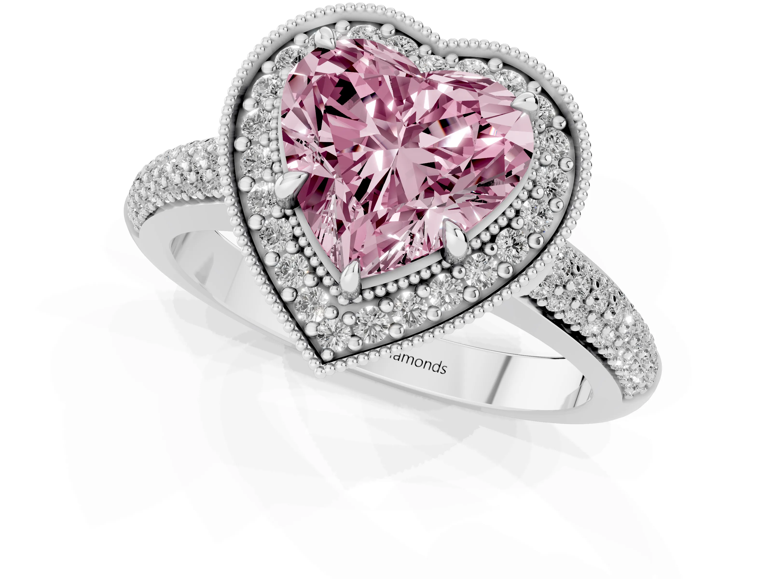 Fancy Pink Heart Cut Diamond Halo Pavé Band Set in Silver with Prong Setting