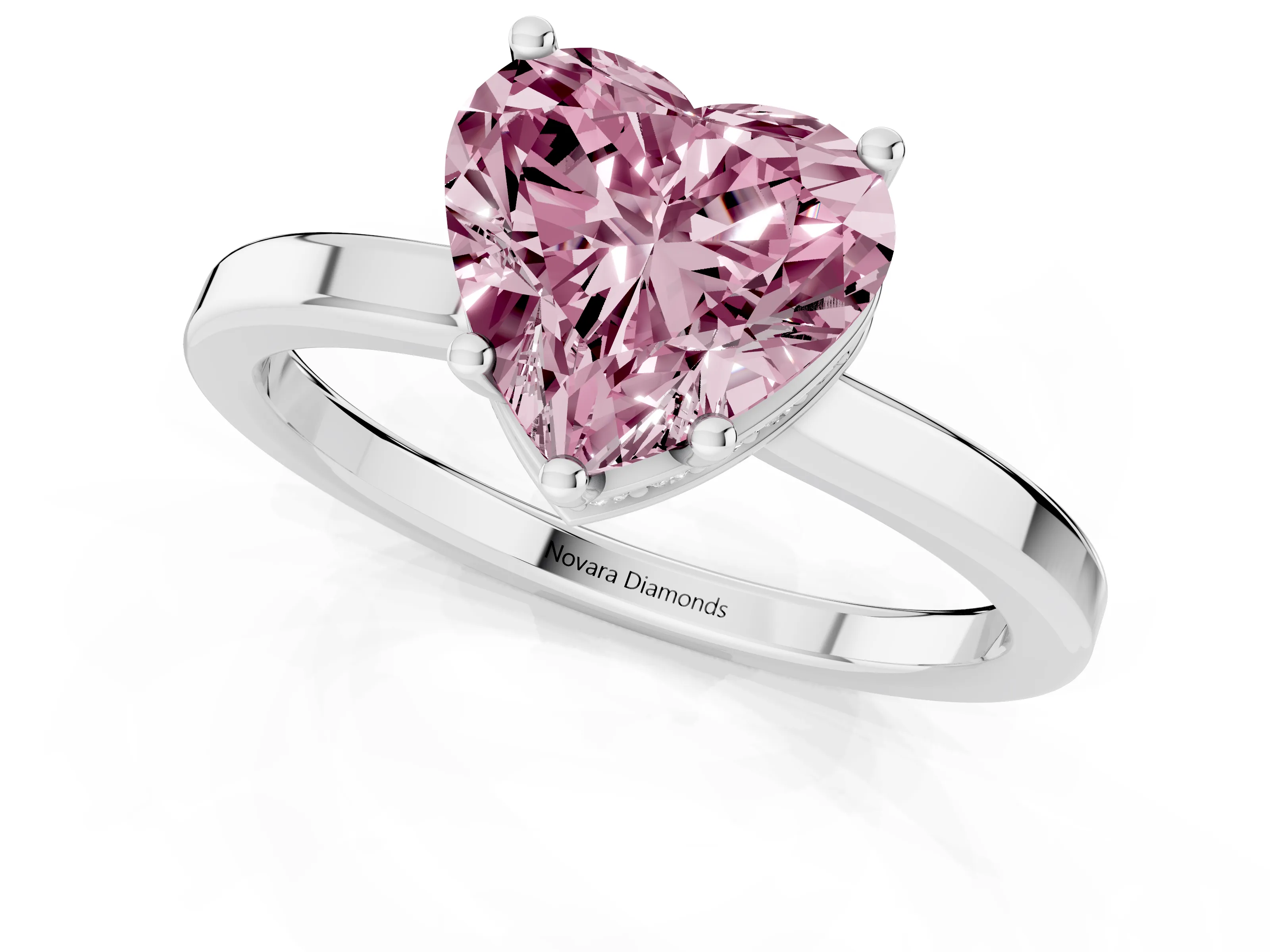Fancy Pink Heart Cut Diamond Solitaire Engagement Ring Set in Platinum with Prong Setting on a Plain Band