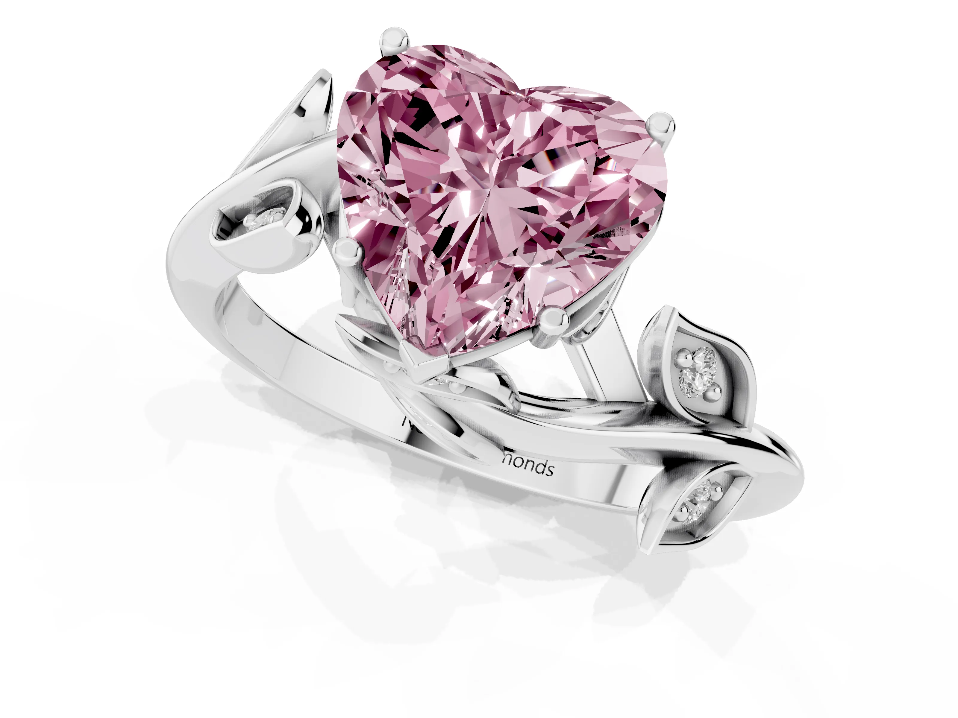 Fancy Pink Heart Cut Diamond Solitaire Twist Engagement Ring Set in White gold with Pavé Leaf Accents