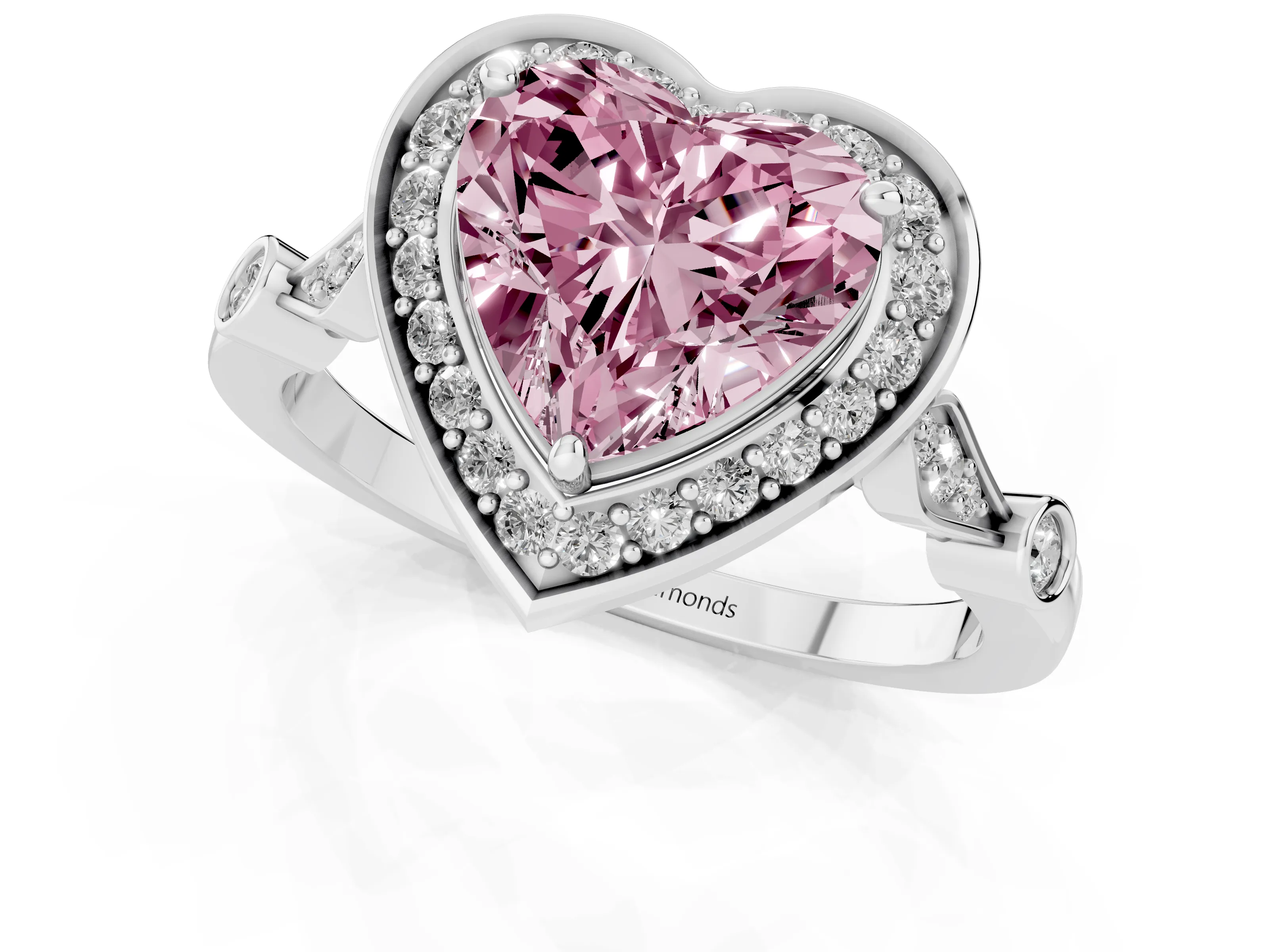 Fancy Pink Heart Cut Diamond Halo Engagement Ring Set in Platinum with Twisted Band and Prong Setting