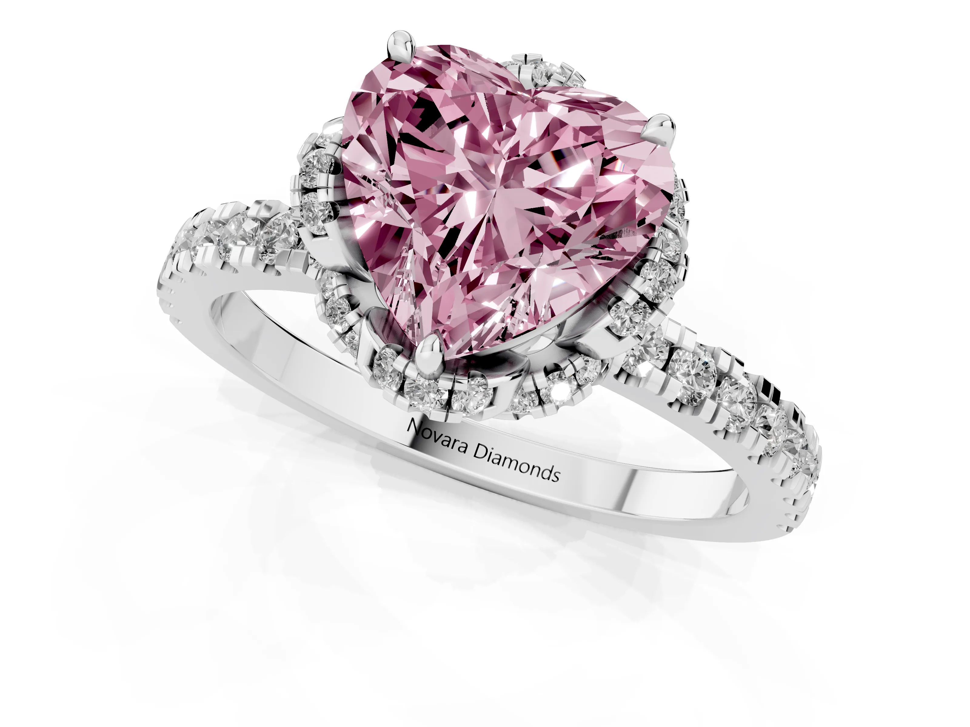 Fancy Pink Heart Cut Diamond Halo Pavé Band Ring Set in Platinum with Prong-Held Center