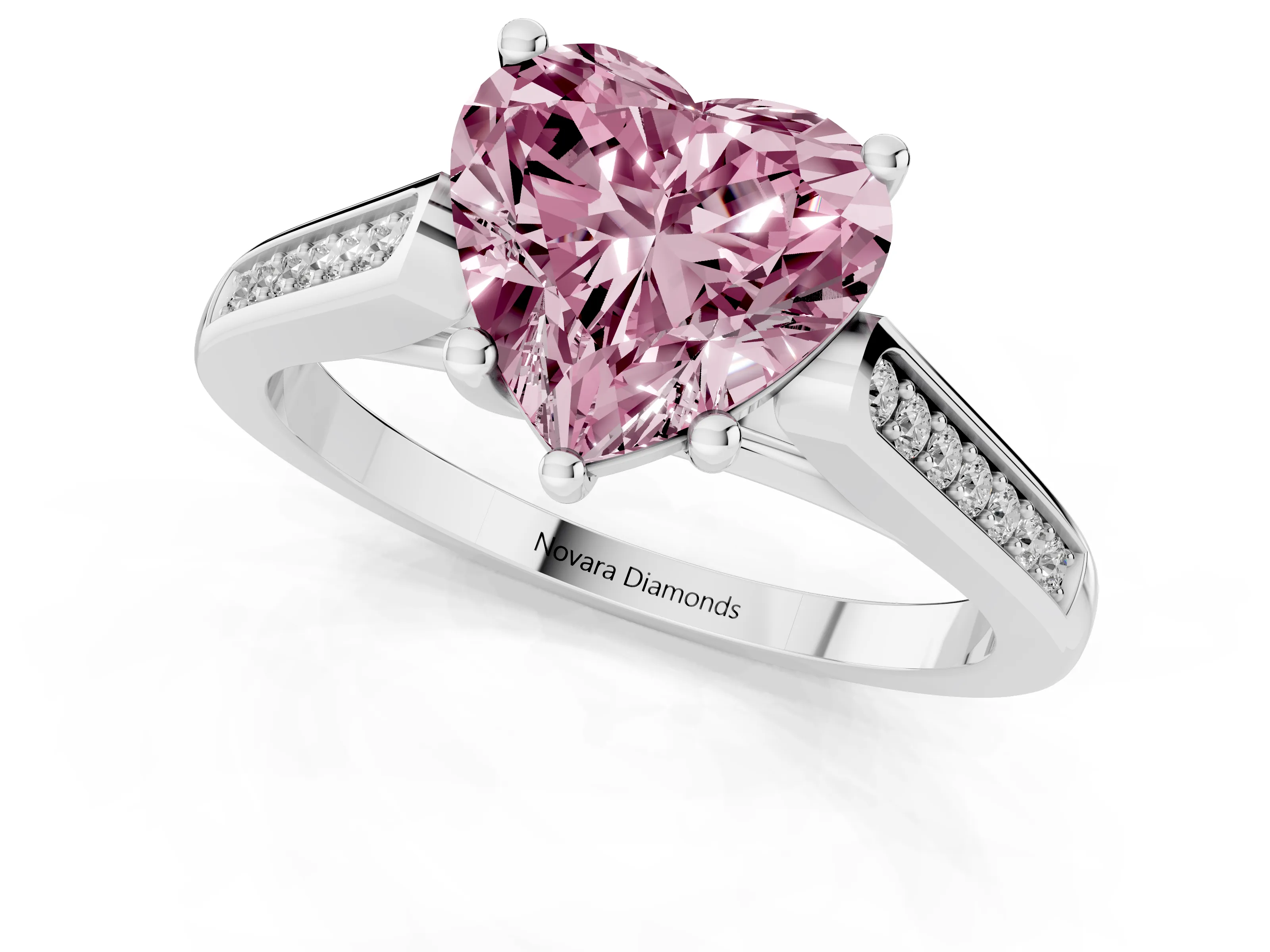 Fancy Pink Heart Cut Diamond Solitaire Cathedral Engagement Ring Set in White gold with Channel-Set Band and Prong Setting