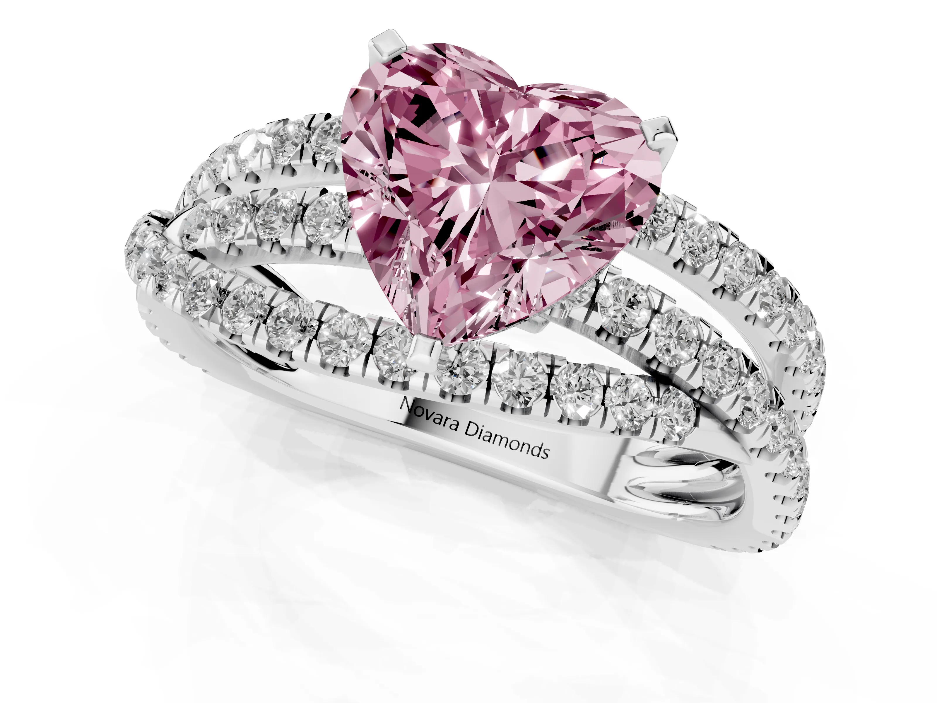 Fancy Pink Heart Cut Diamond Solitaire Twist Band Ring Set in Silver with Pavé Setting and Prong Head