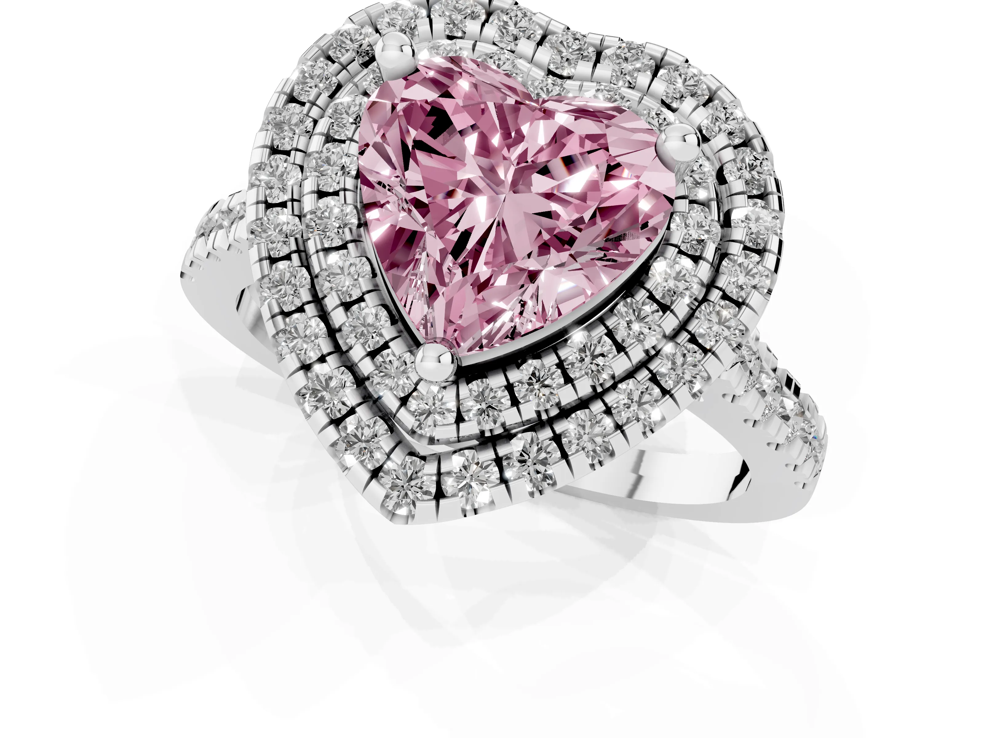 Fancy Pink Heart Cut Diamond Double Halo Statement Ring Set in White gold with Pavé Band