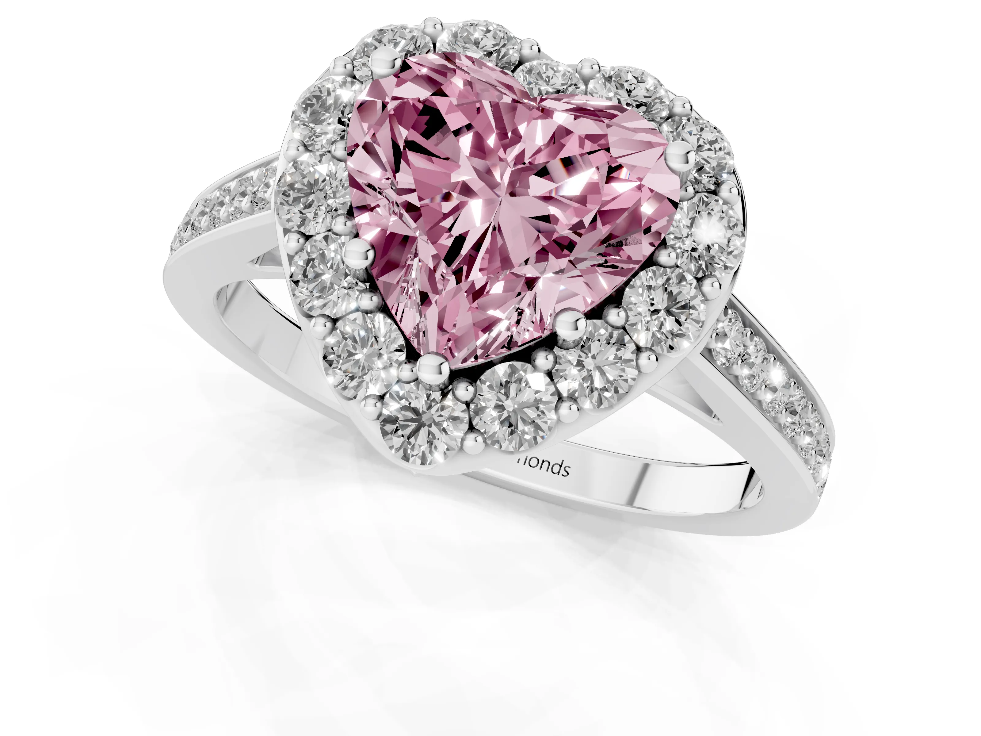 Fancy Pink Heart Cut Diamond Floral Halo Ring Set in White gold with Pavé Band and Prong Setting
