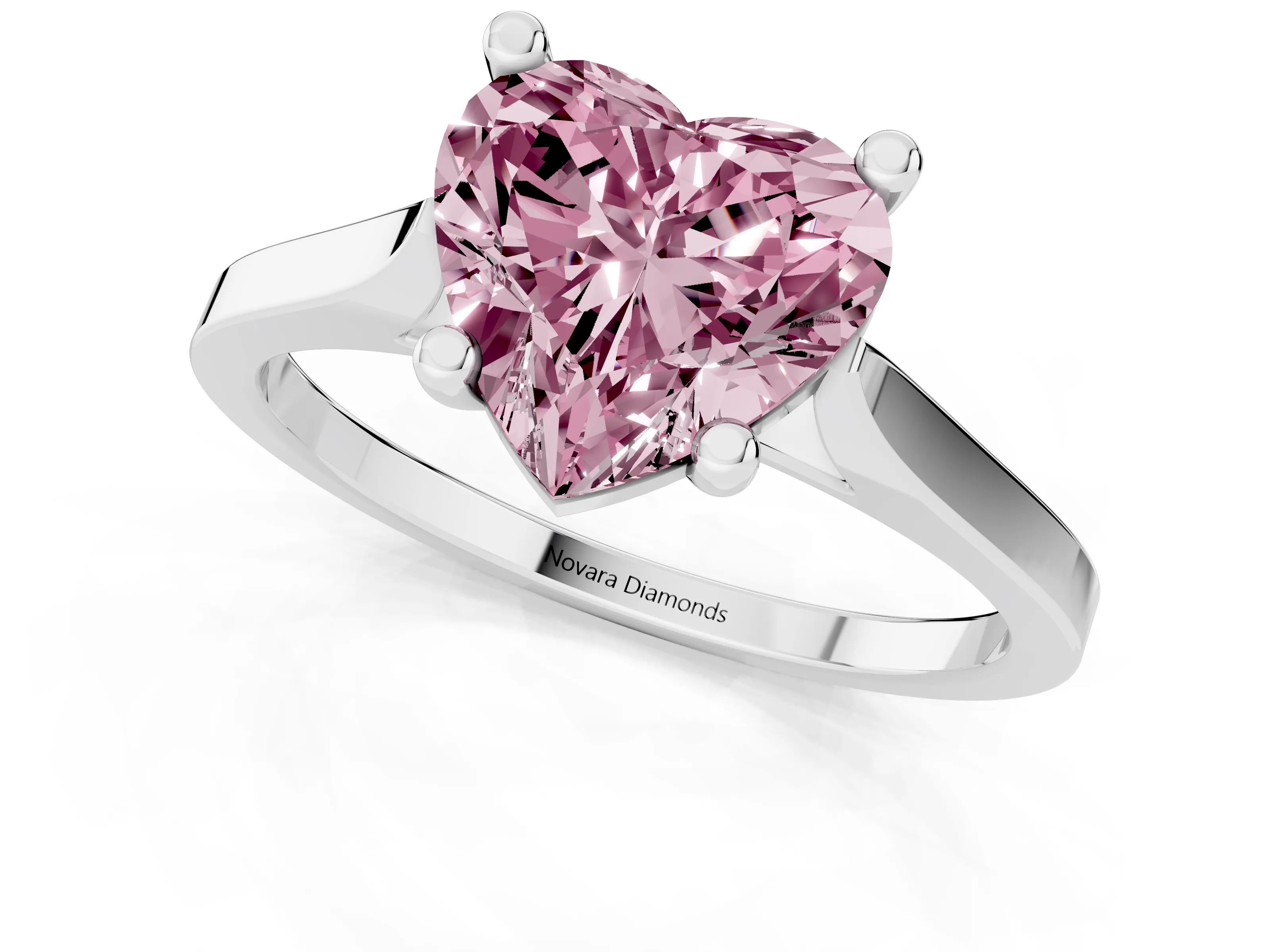 Fancy Pink Heart Cut Diamond Solitaire Ring Set in Platinum with Prong Setting and Tapered Band