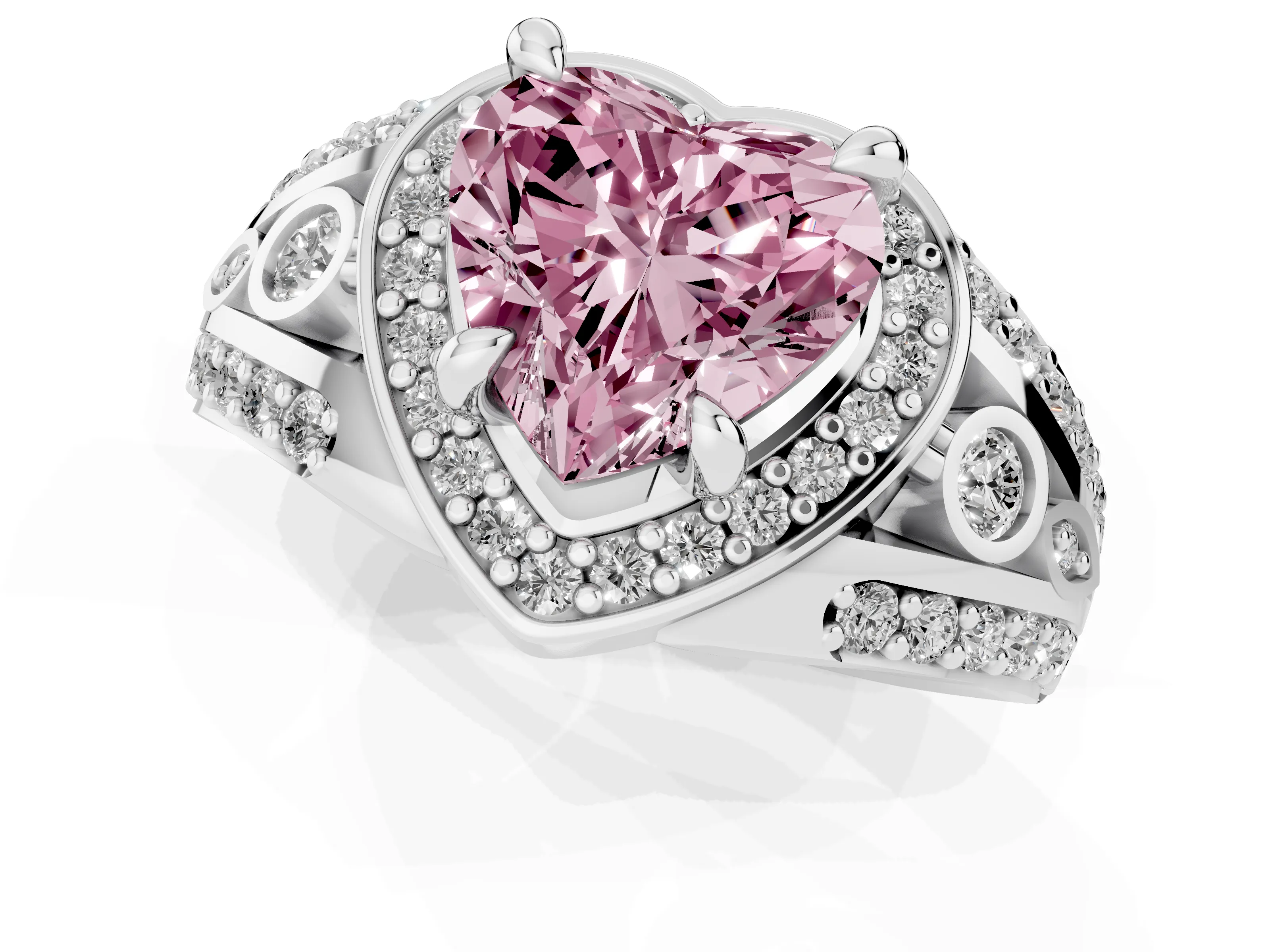Fancy Pink Heart Cut Diamond Halo Ring Set in Silver with Pavé Split Shank and Bezel Accents