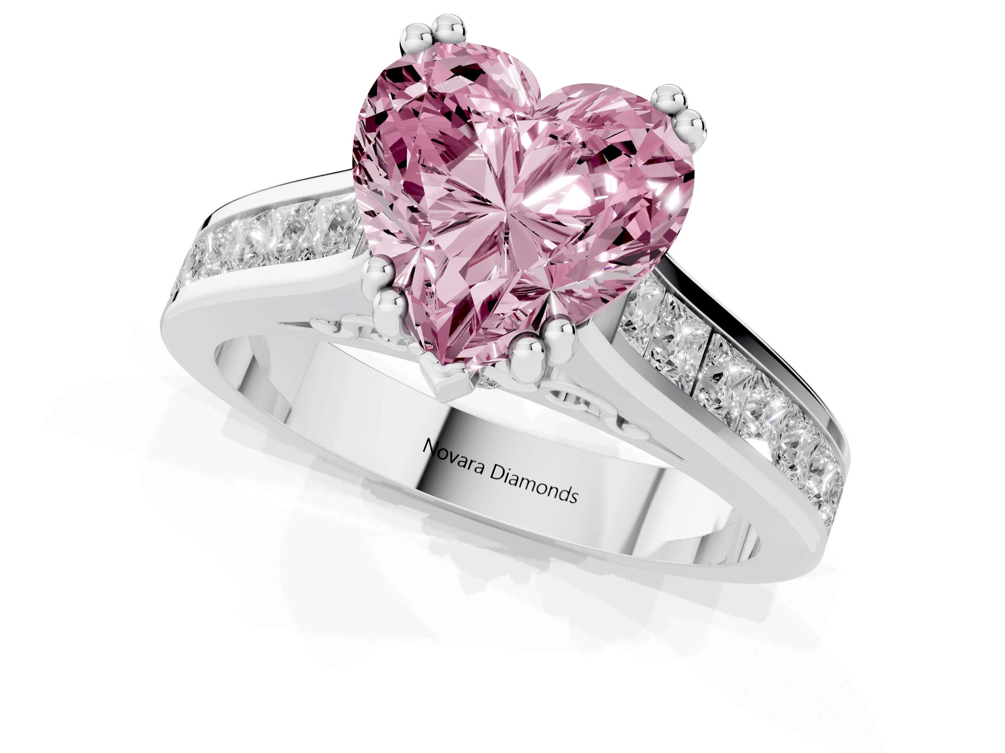 Fancy Pink Heart Cut Diamond Channel Set Solitaire Engagement Ring Set in Platinum with Prong Setting