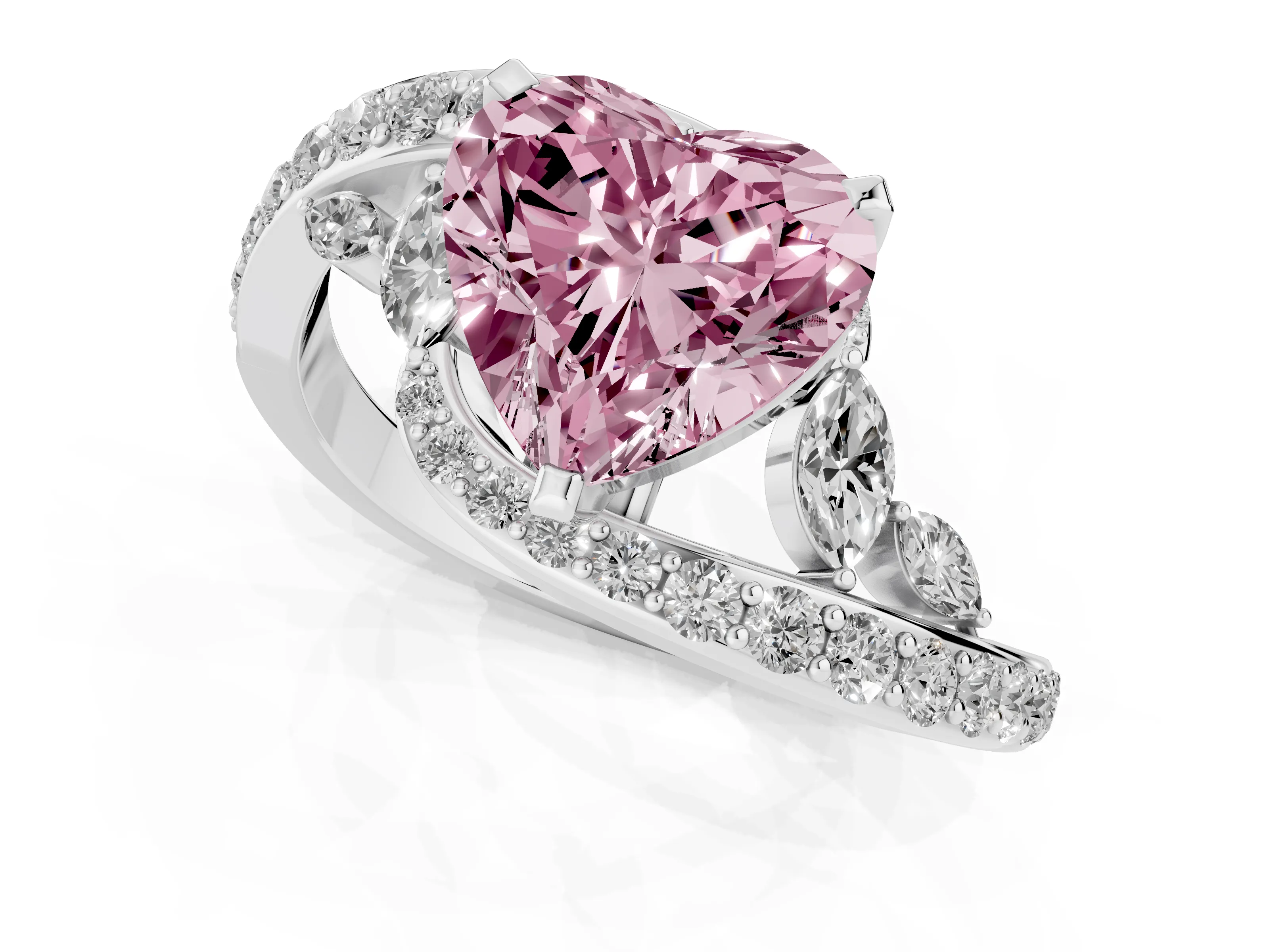 Fancy Pink Heart Cut Diamond Solitaire Ring Set in Platinum with Pavé Twist Band and Secure Prong Setting